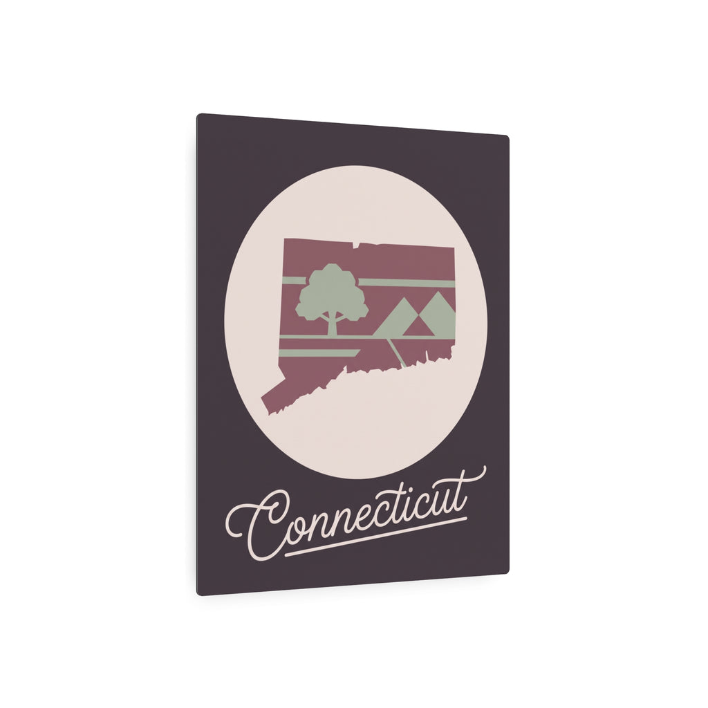 Connecticut metal wall art with oval mauve & sage state silhouette and tree over dark square