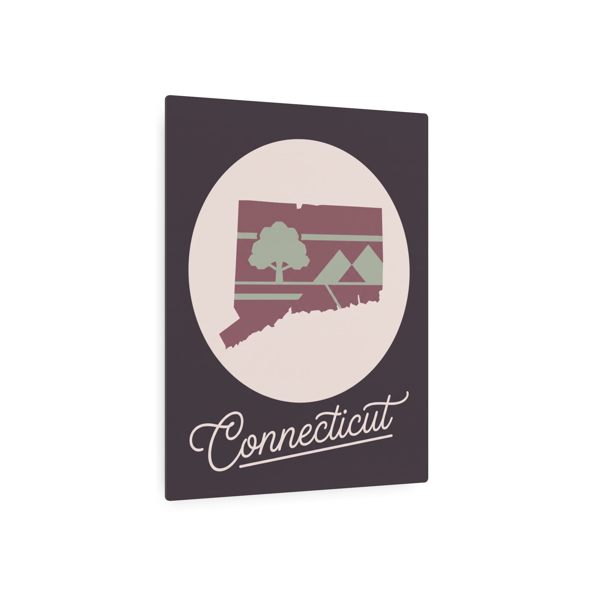 Connecticut metal wall art with oval mauve & sage state silhouette and tree over dark square