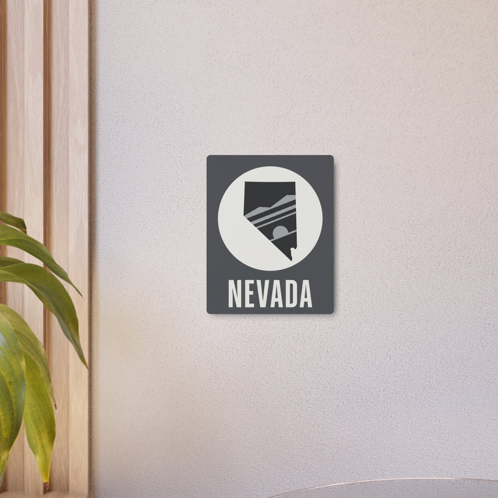 Nevada state silhouette metal wall sign on wall with circular emblem and “NEVADA”