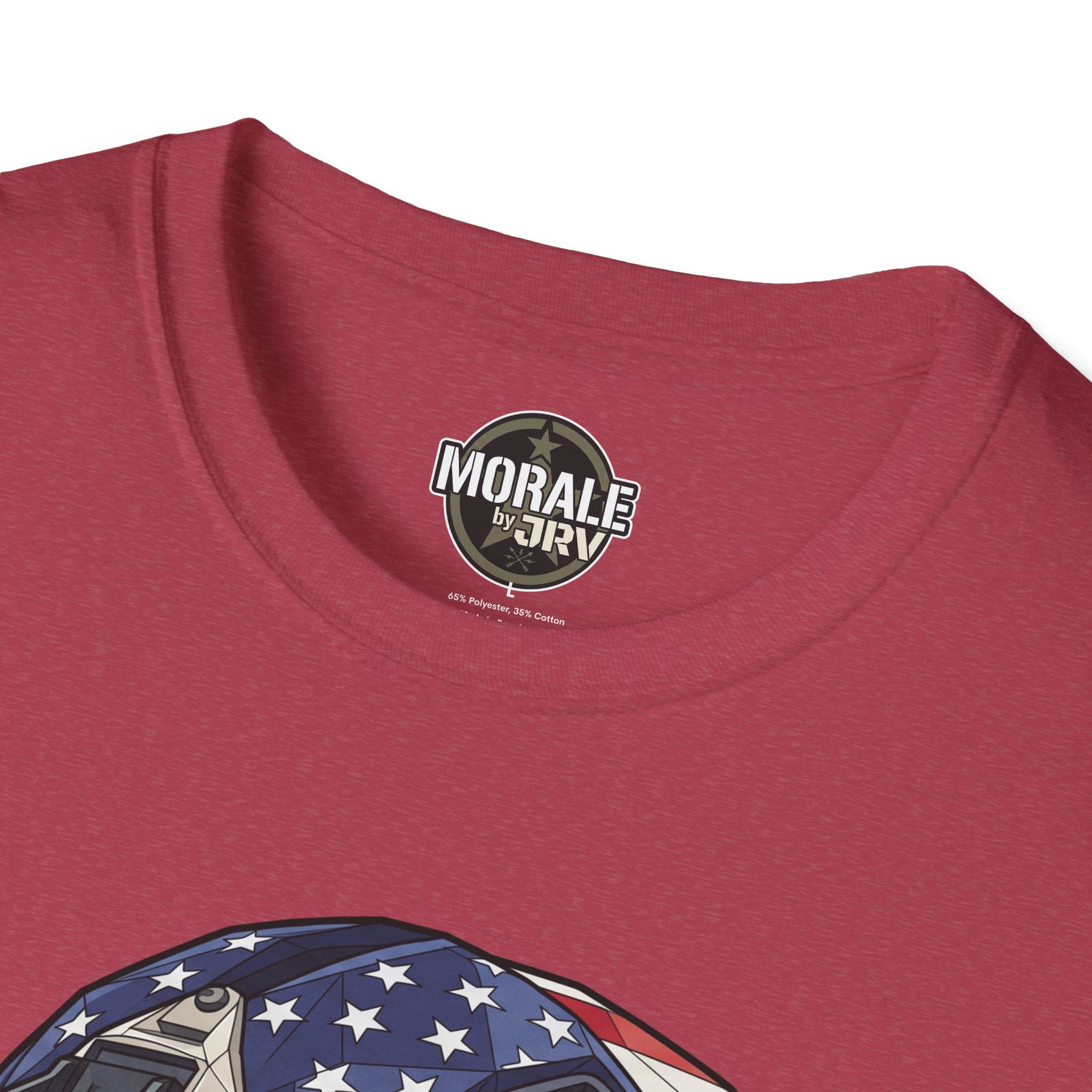 Red crewneck T-shirt with Morale by TRV logo at collar