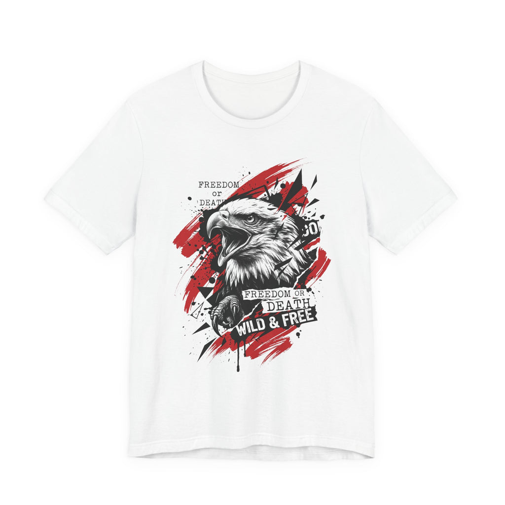 White eagle graphic T-shirt with red splatter circle and front eagle head print