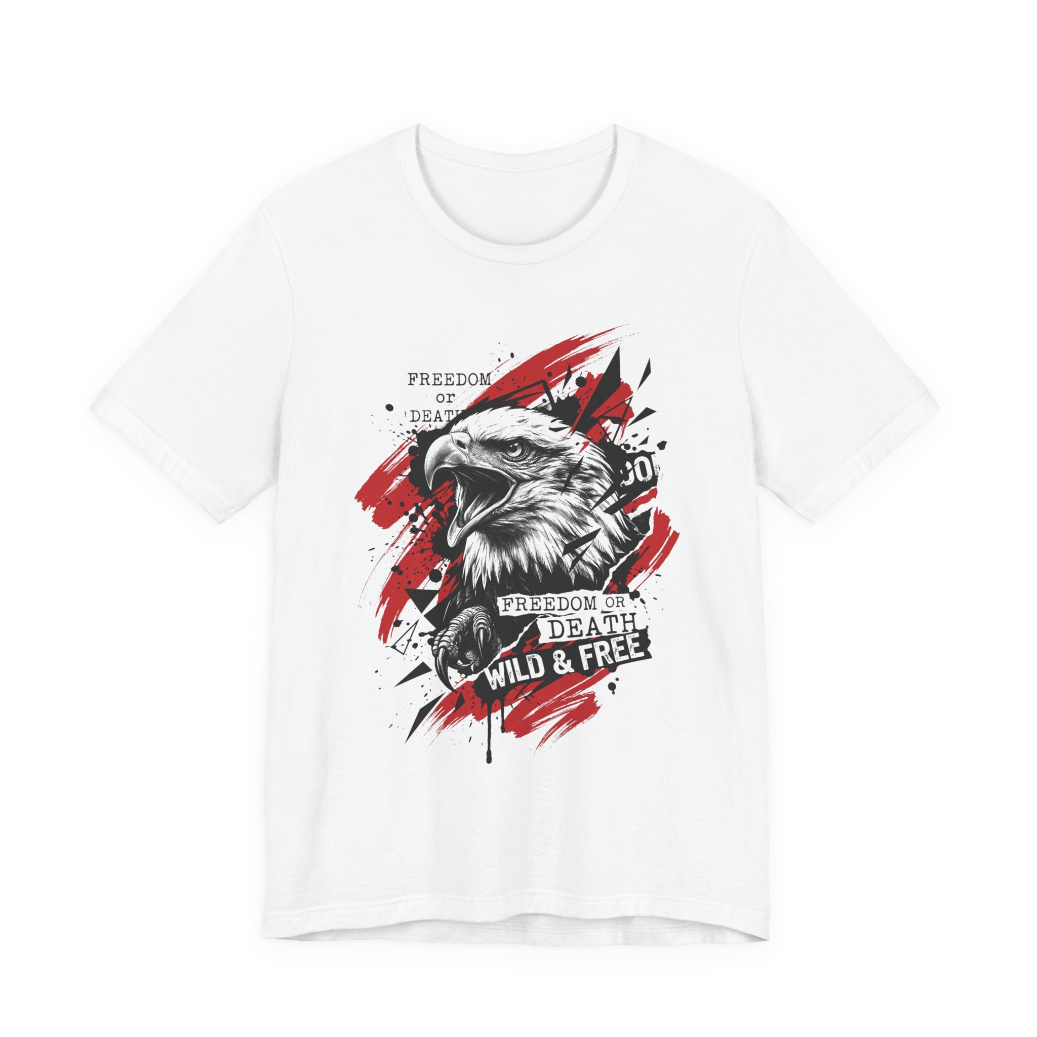 White eagle graphic T-shirt with red splatter circle and front eagle head print