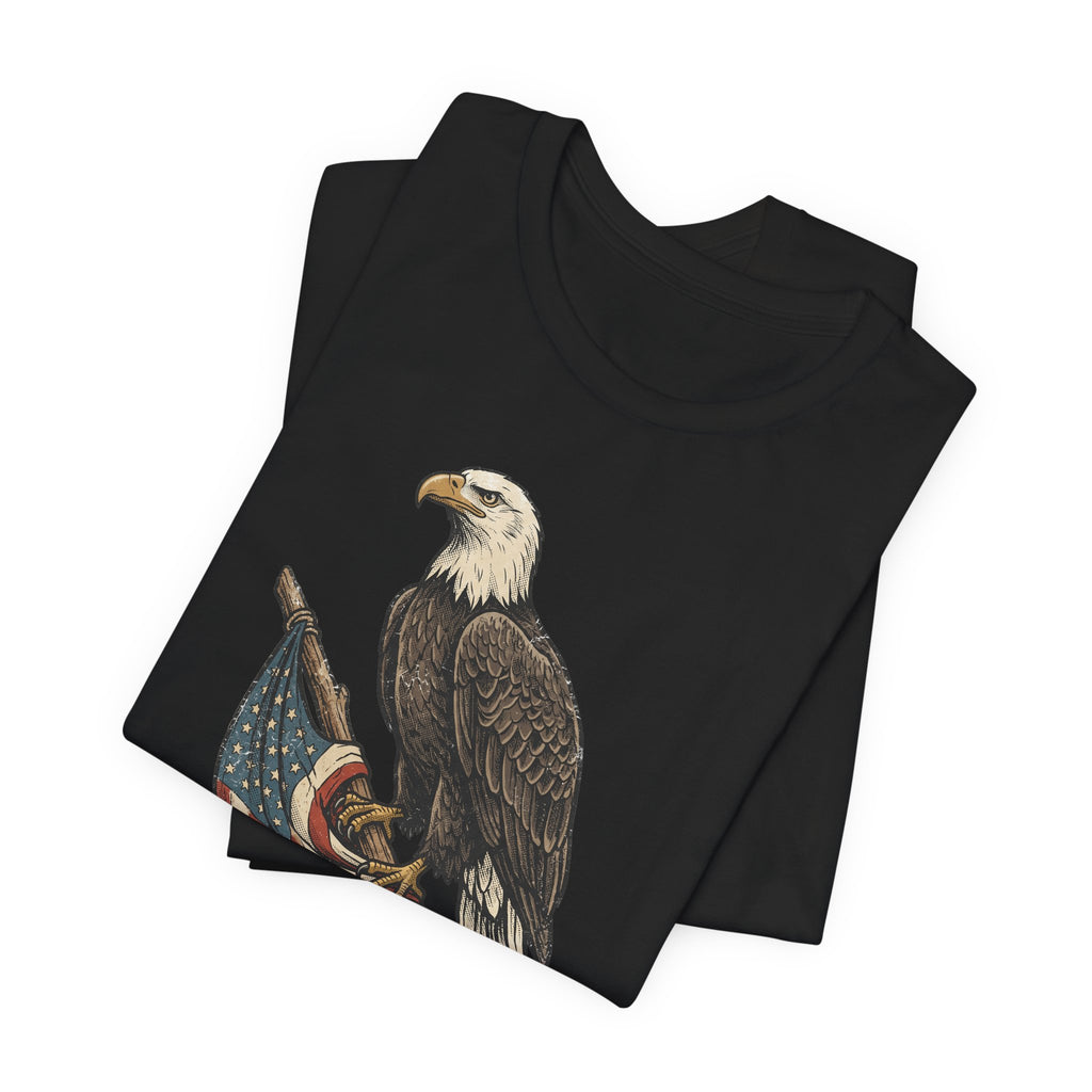 Black crewneck t-shirt with vintage eagle and American flag graphic
