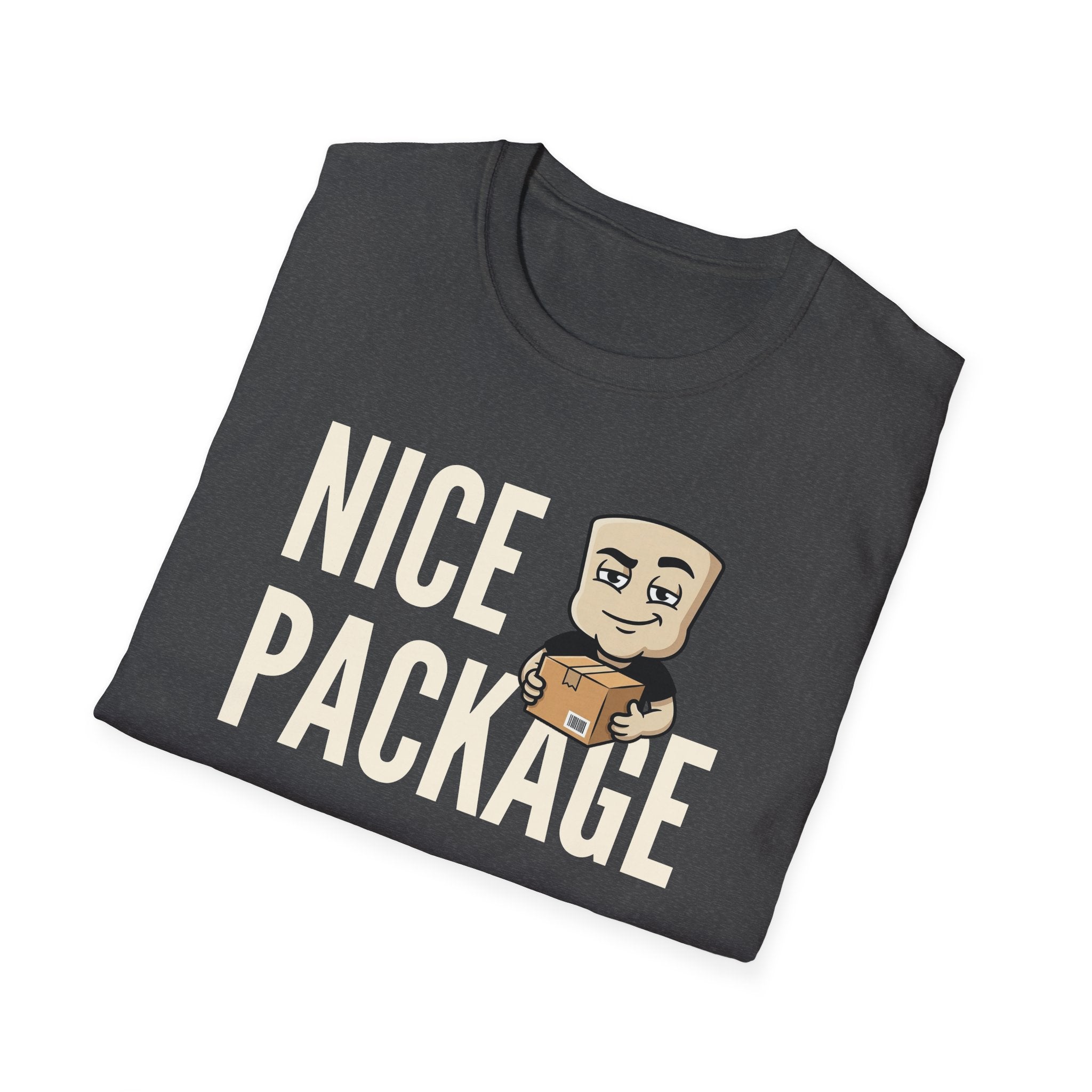 Charcoal gray T-shirt with 'NICE PACKAGE' text and cartoon delivery worker holding a box.