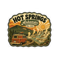 Die-cut Hot Springs Arkansas sticker with vintage camper van, terraced hot springs, and sun