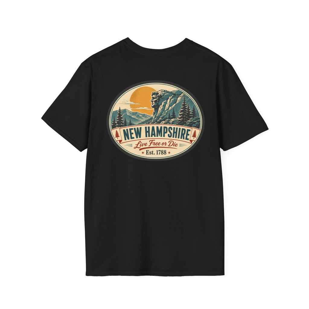 Black graphic T-shirt with circular mountains and New Hampshire logo on chest