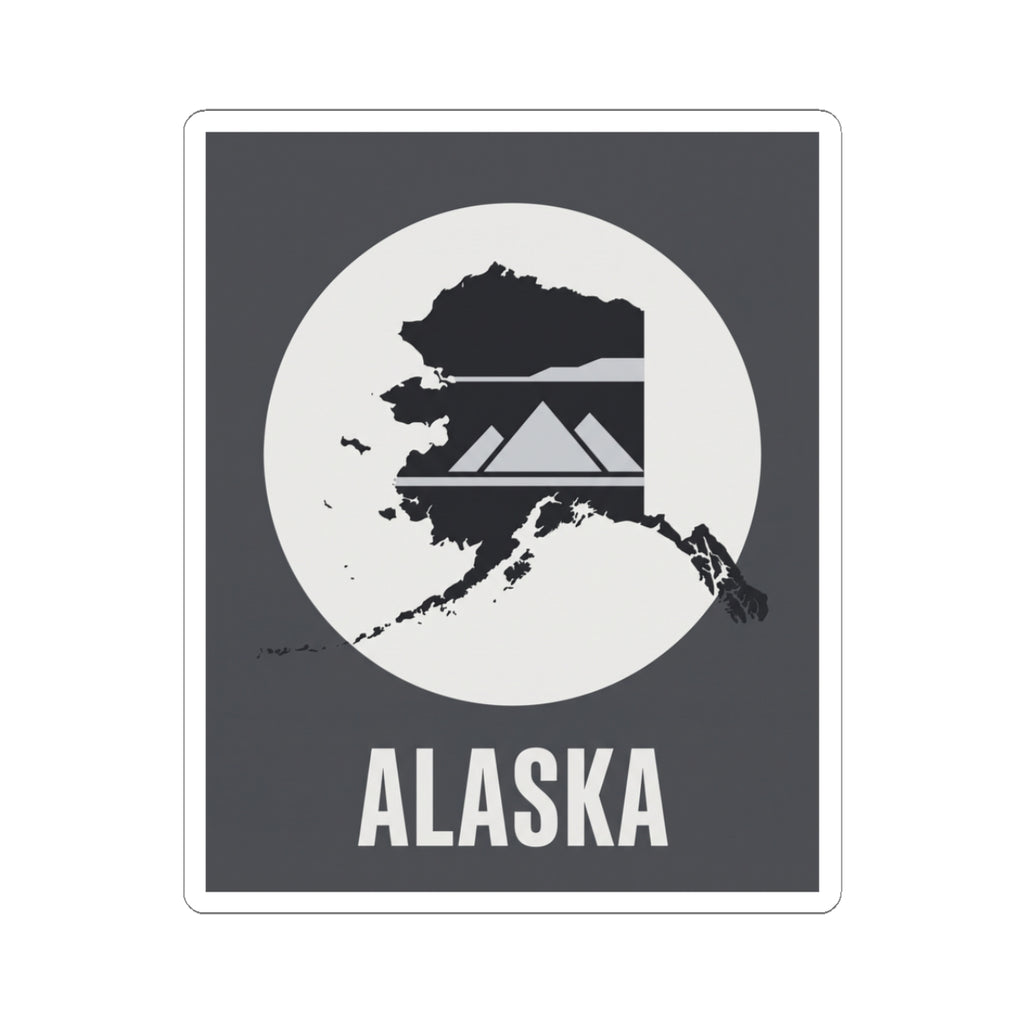 Square Alaska map mountain silhouette vinyl sticker with “ALASKA” text, dark gray and white.