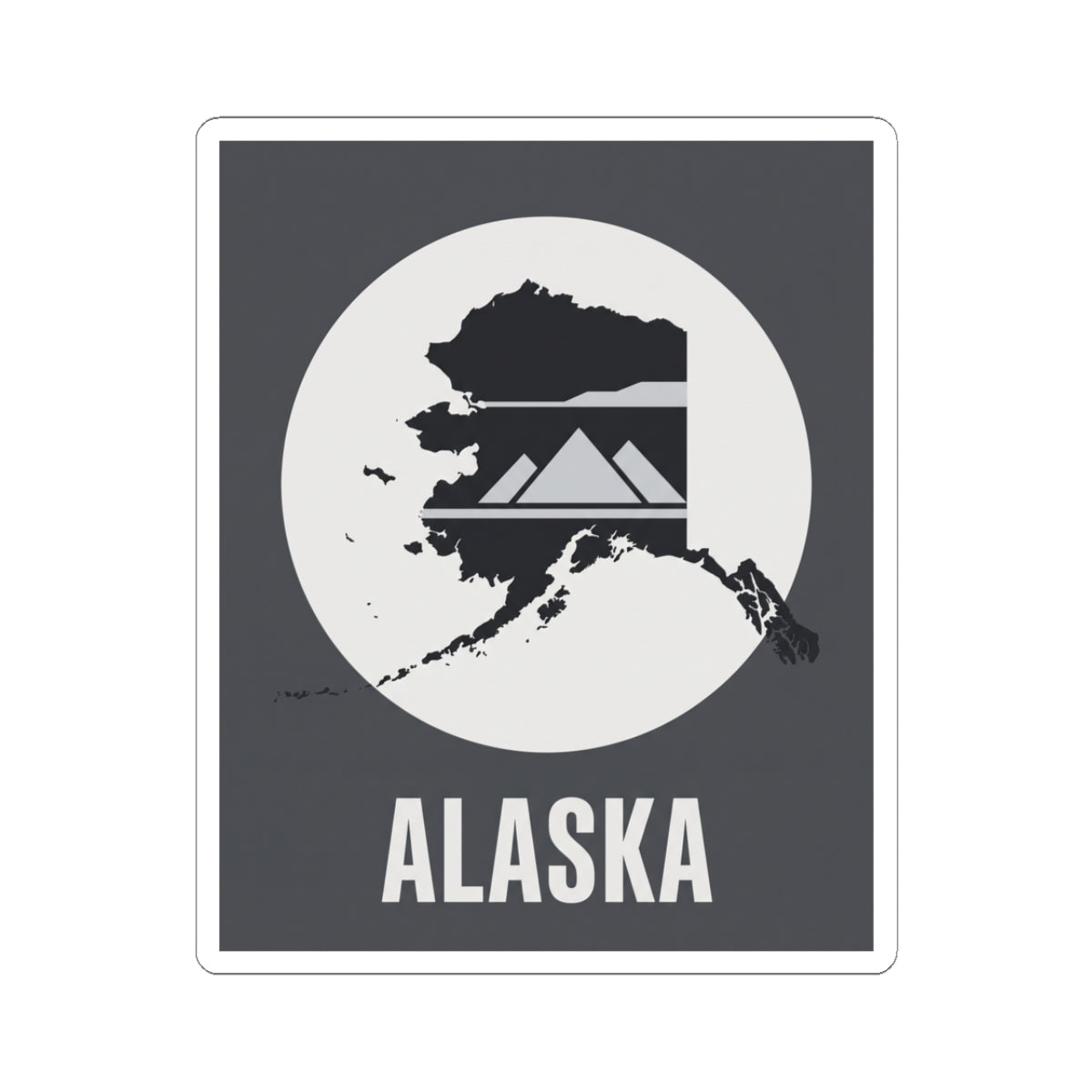 Square Alaska map mountain silhouette vinyl sticker with “ALASKA” text, dark gray and white.