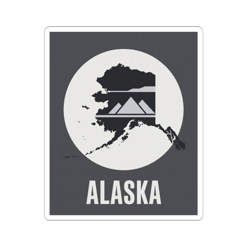 Square Alaska map mountain silhouette vinyl sticker with “ALASKA” text, dark gray and white.