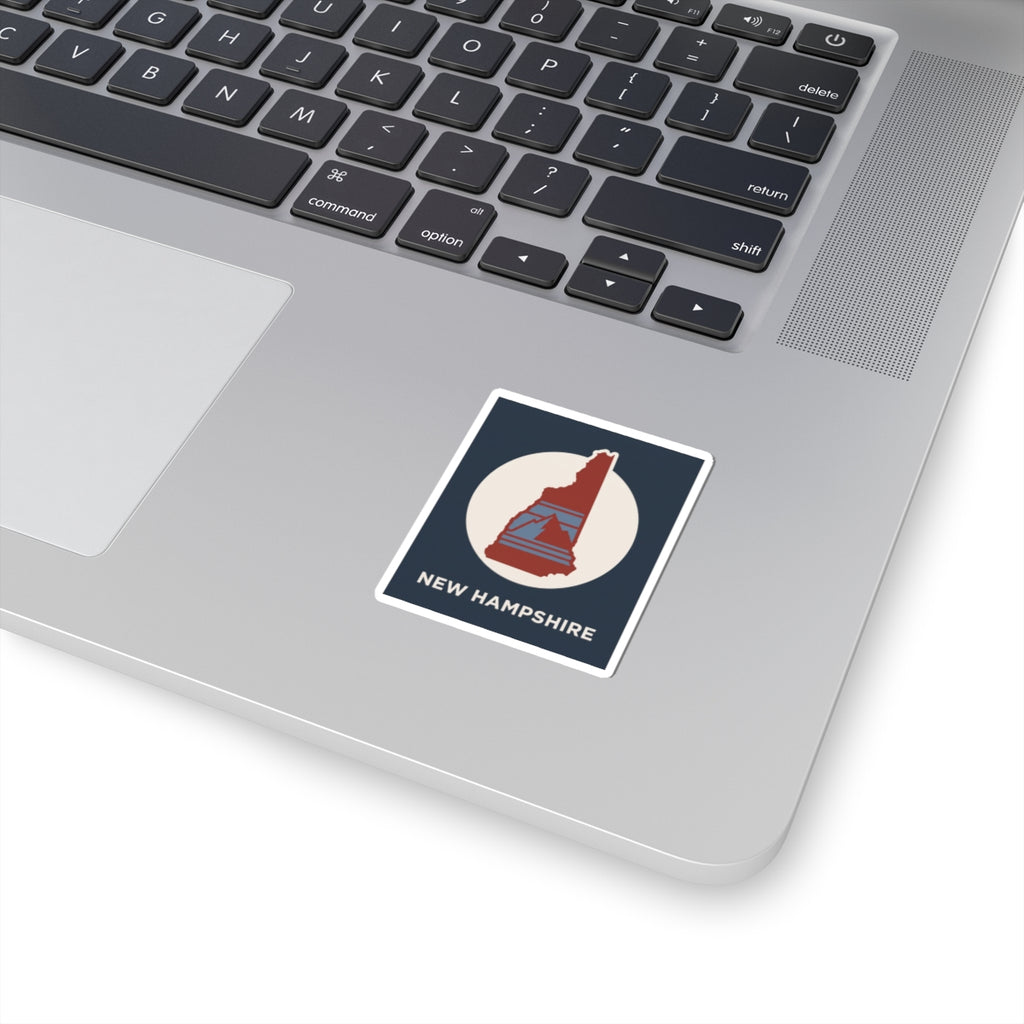 Square New Hampshire state silhouette sticker with red map and blue mountains graphic