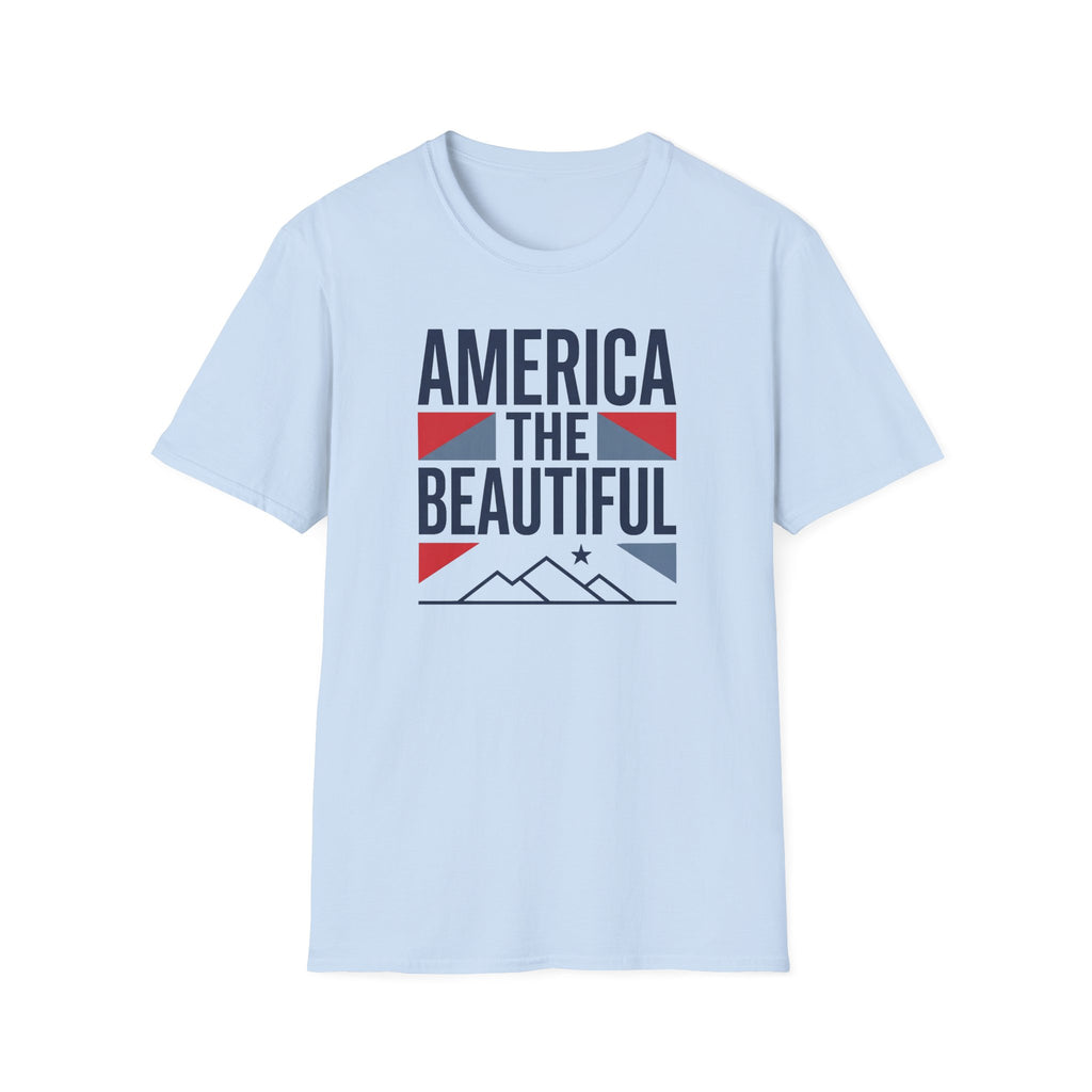 Light blue crewneck t-shirt with “AMERICA THE BEAUTIFUL” front graphic and flag.