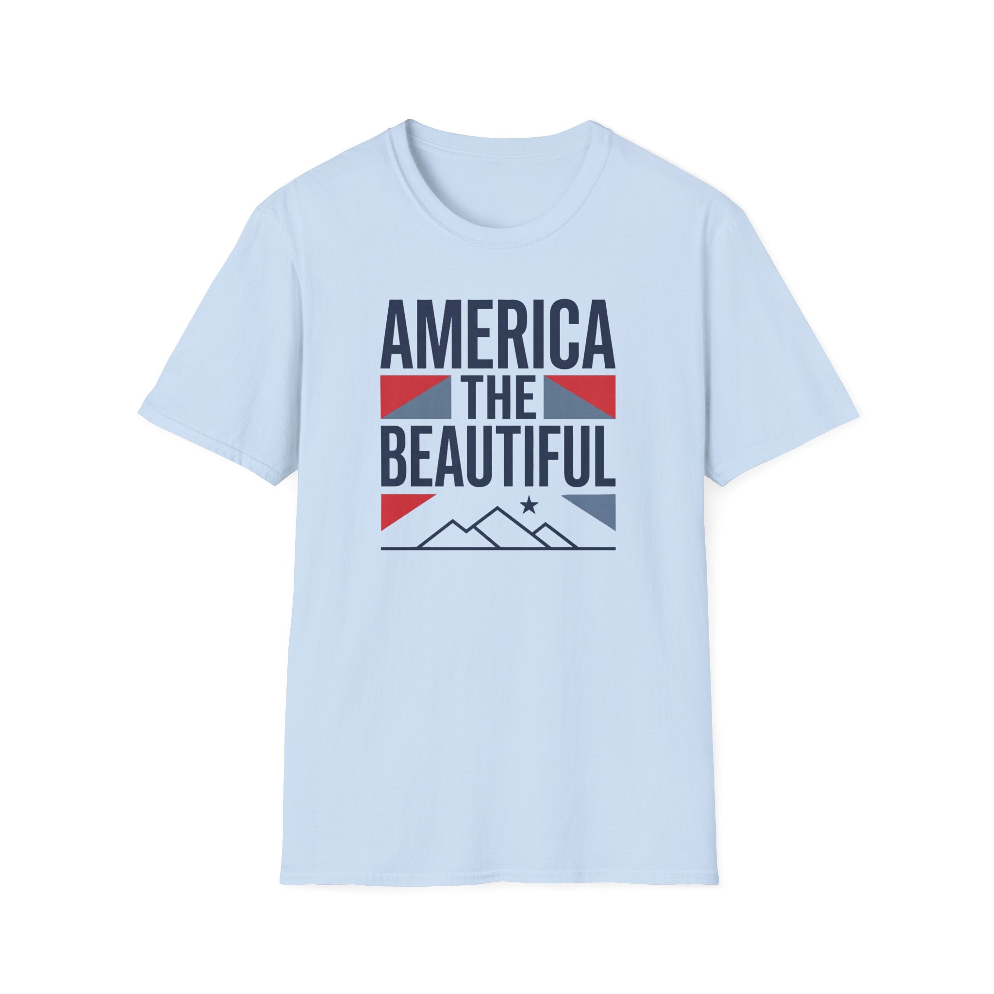 Light blue crewneck t-shirt with “AMERICA THE BEAUTIFUL” front graphic and flag.