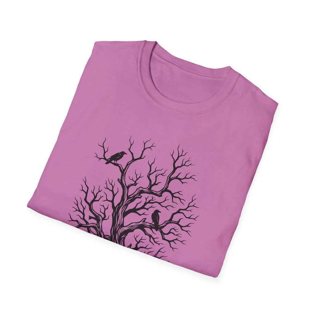Orchid pink T-shirt with bare branch tree and crows graphic on chest