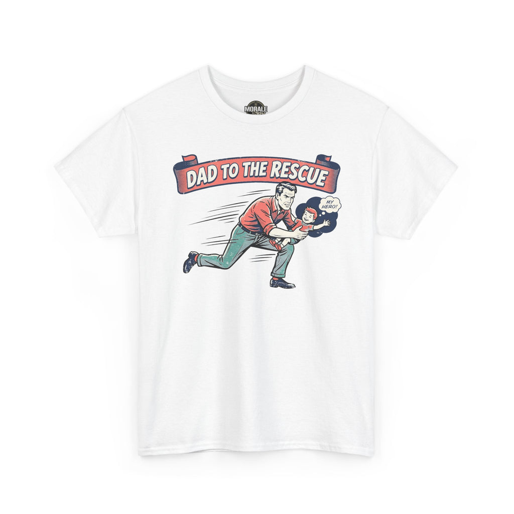 White “Dad to the Rescue” T-shirt with vintage running dad and “My hero” graphic