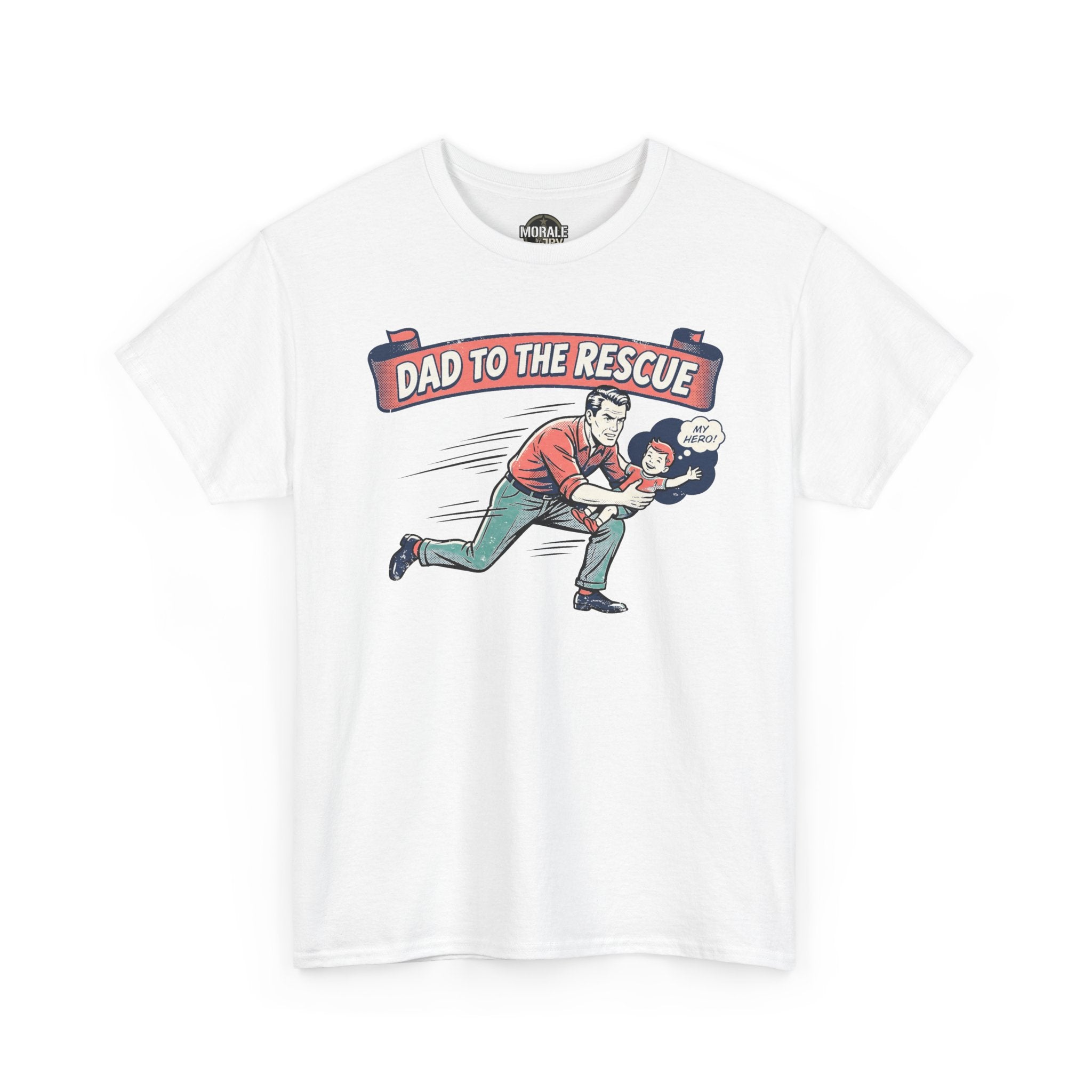 White “Dad to the Rescue” T-shirt with vintage running dad and “My hero” graphic
