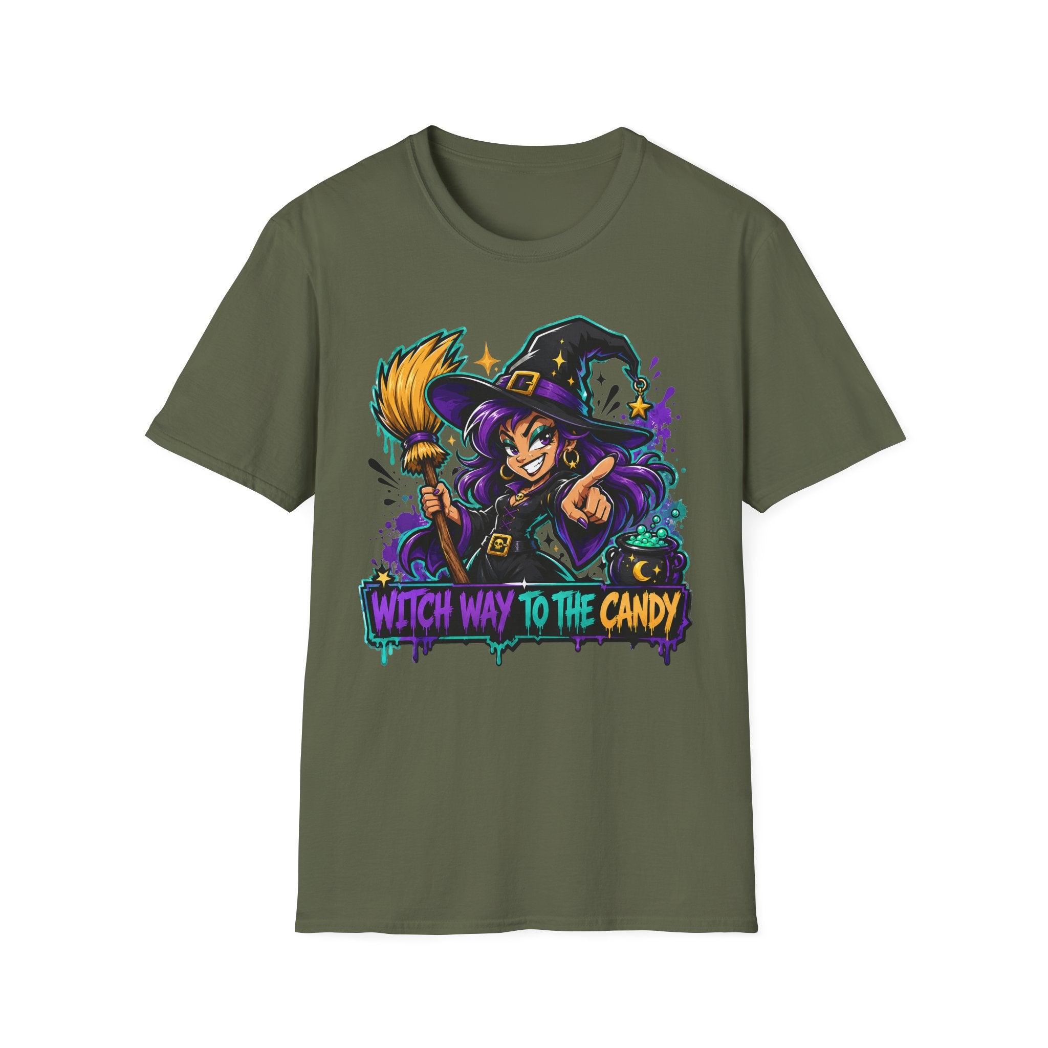 Olive short-sleeve T-shirt with colorful witch and candy graphic on the front