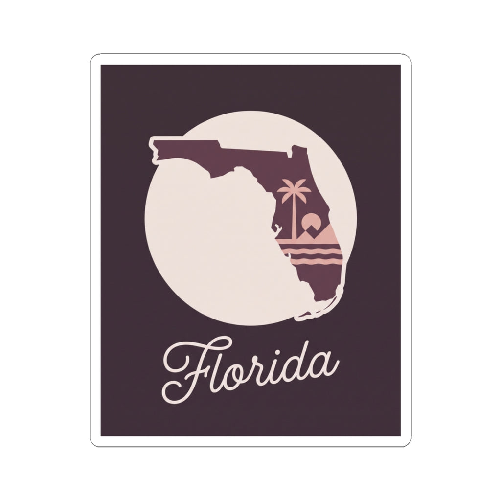 Florida silhouette vinyl decal sticker, mauve background, 'Florida' script, kiss-cut white border
