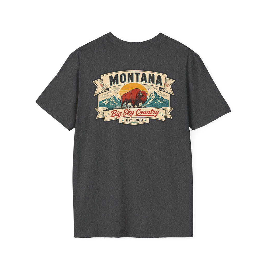 Charcoal gray Montana bison travel T-shirt with 'MONTANA' and 'Big Sky Country' graphic