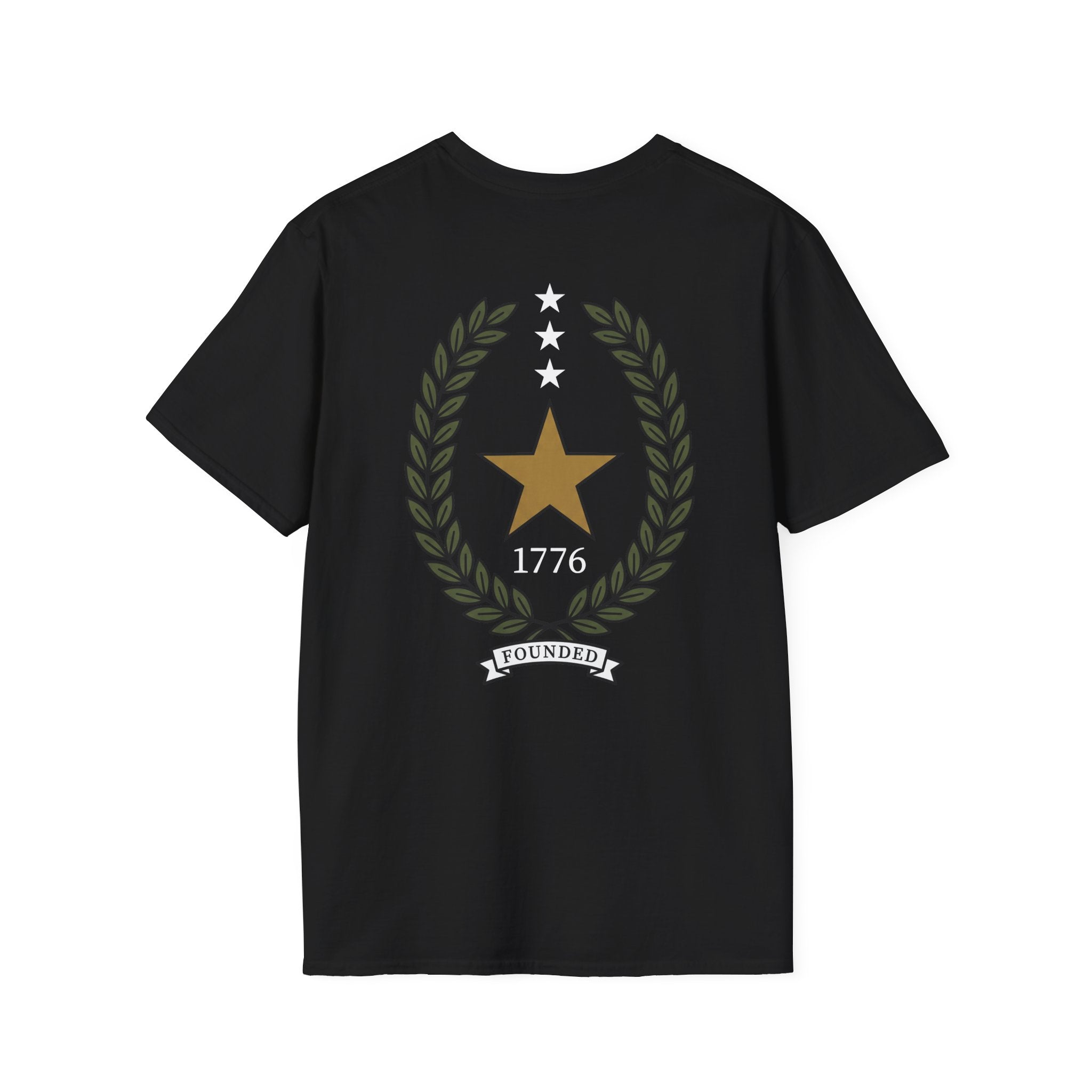 Black T-shirt with gold 1776 star, laurel wreath, and FOUNDED ribbon