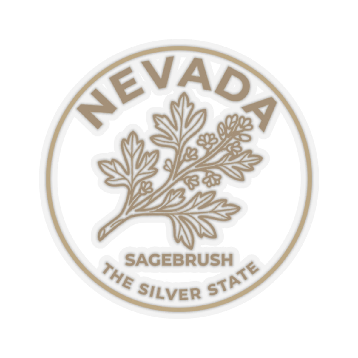Circular transparent vinyl sticker with Nevada name and sagebrush tree in gold outline
