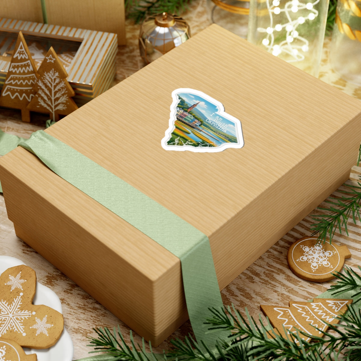 Pegatina “I am South Carolina” en forma de estado sobre caja regalo