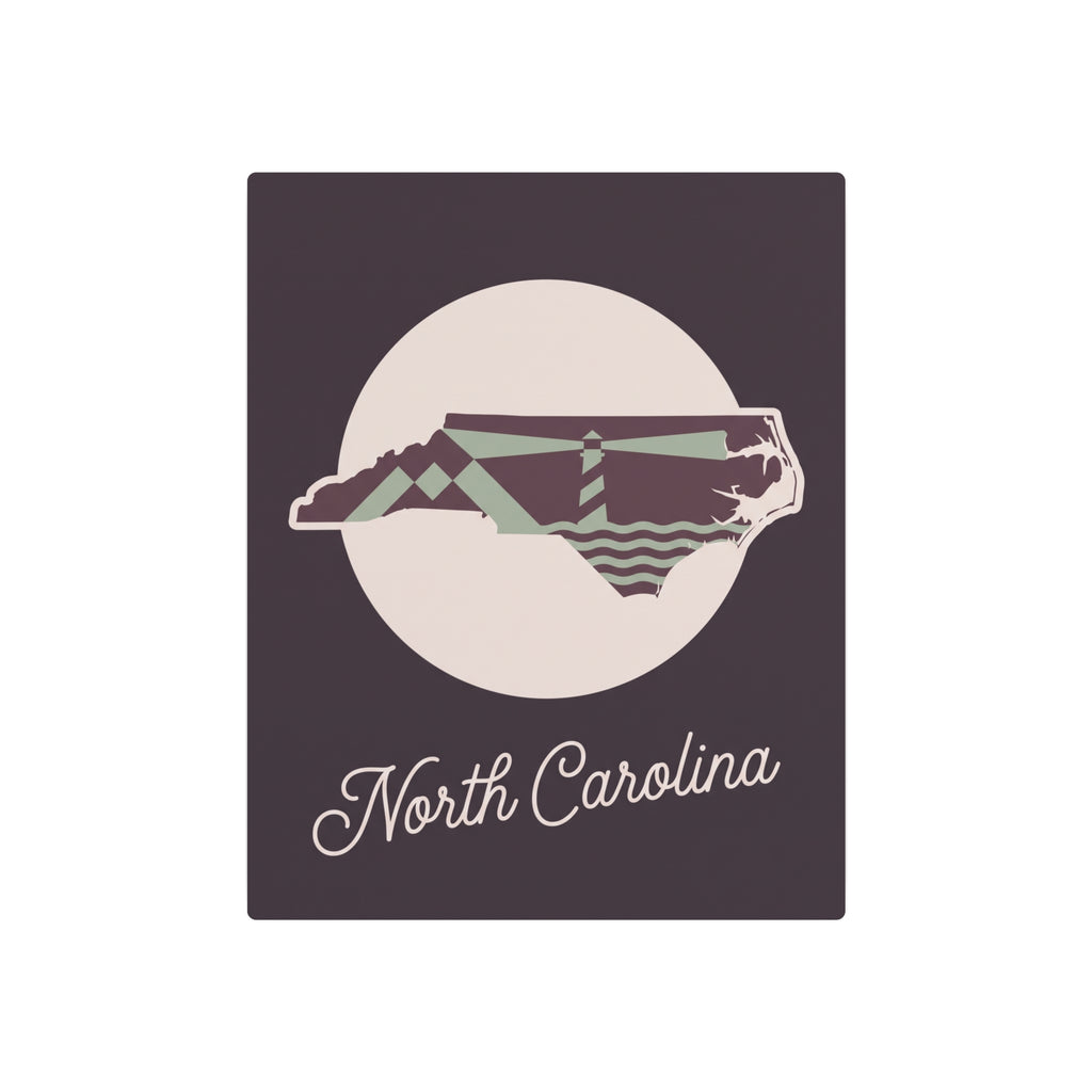 North Carolina metal wall art sign on dark mauve background with map graphic and script