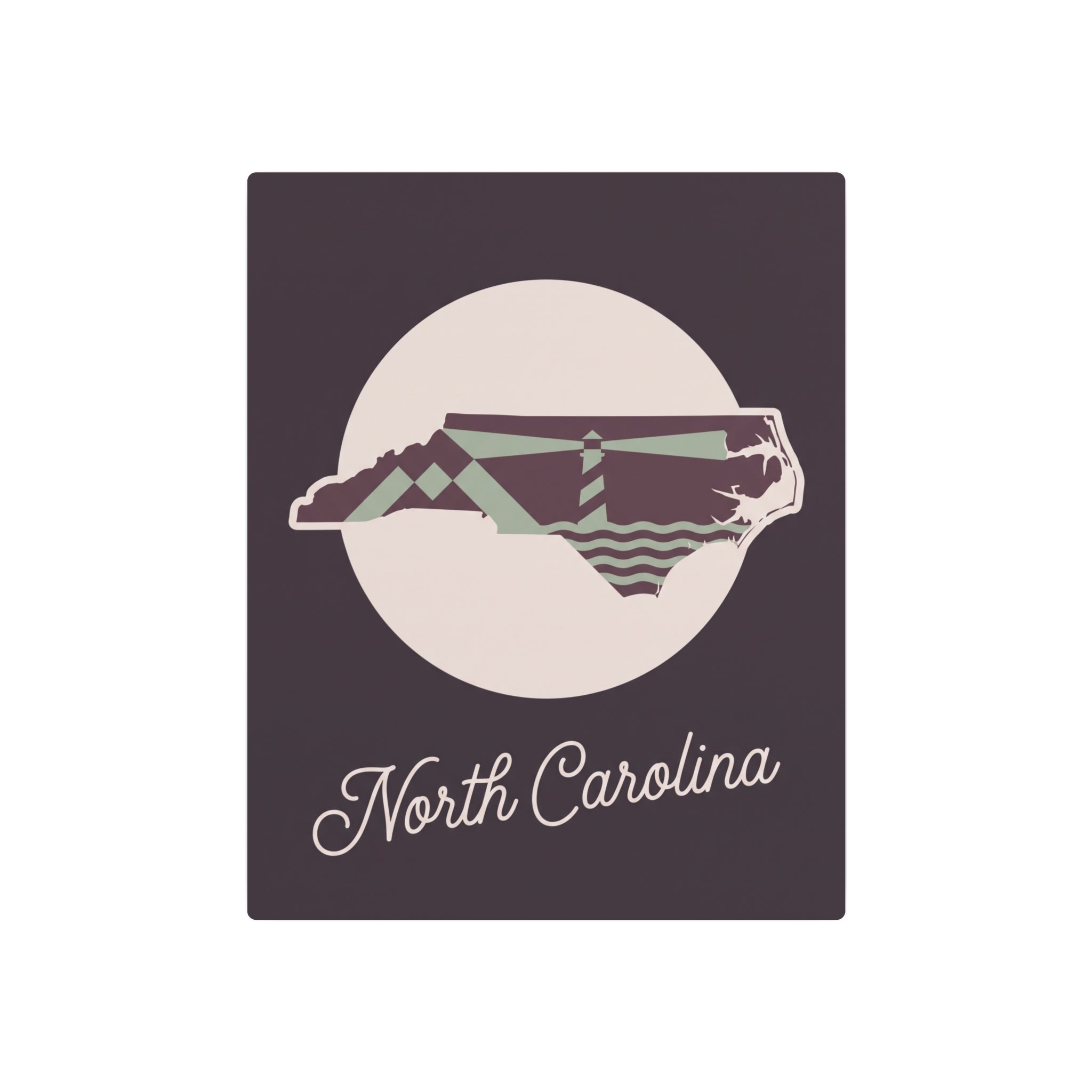 North Carolina metal wall art sign on dark mauve background with map graphic and script