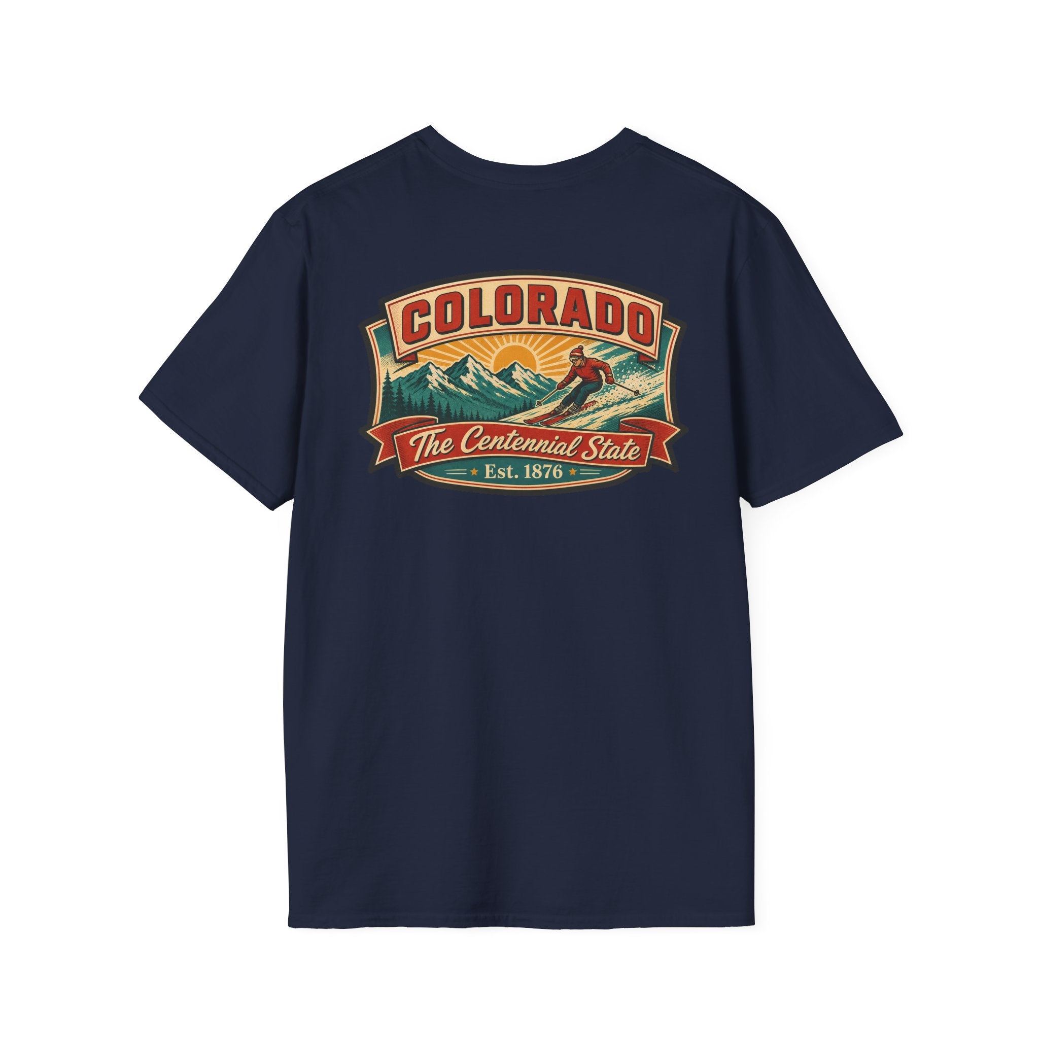 Dark T-shirt with vintage Colorado badge graphic on chest