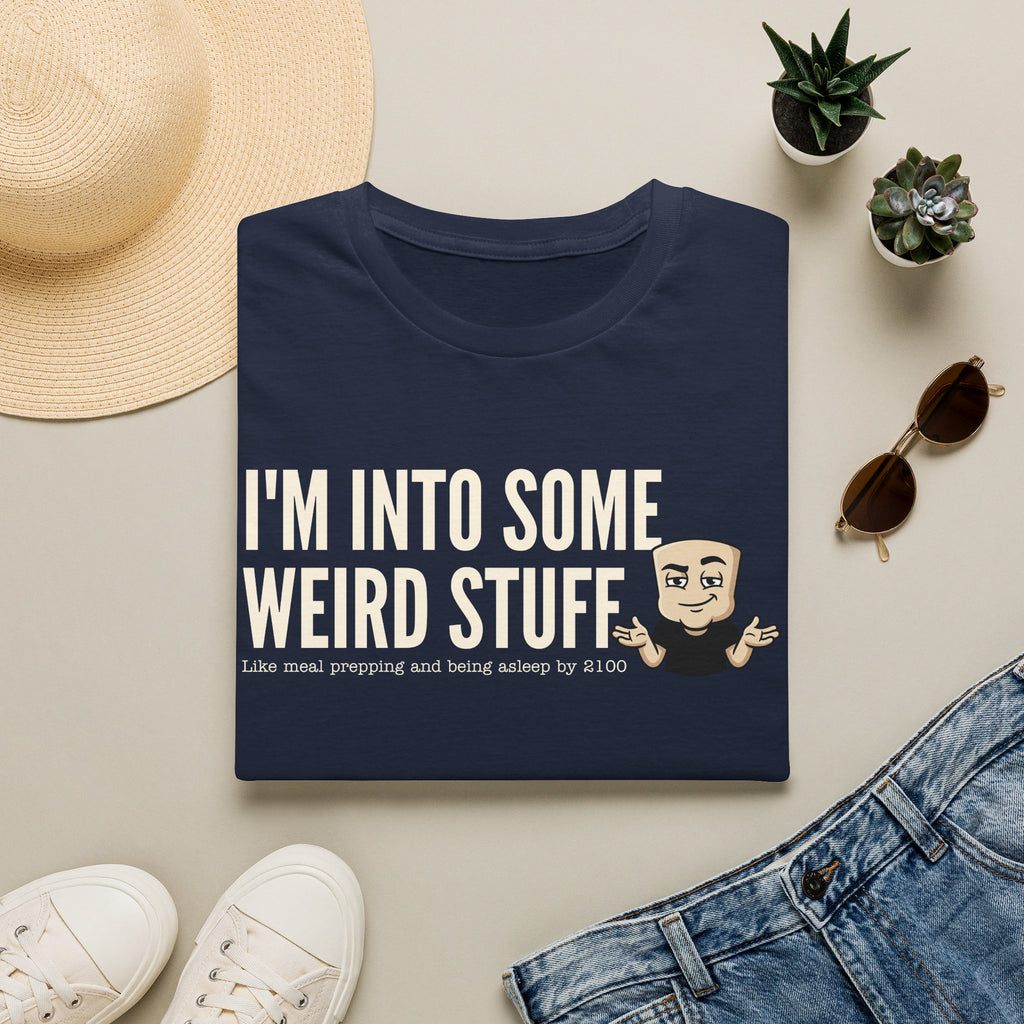 Navy crew-neck T-shirt with "I'm into some weird stuff" meme graphic