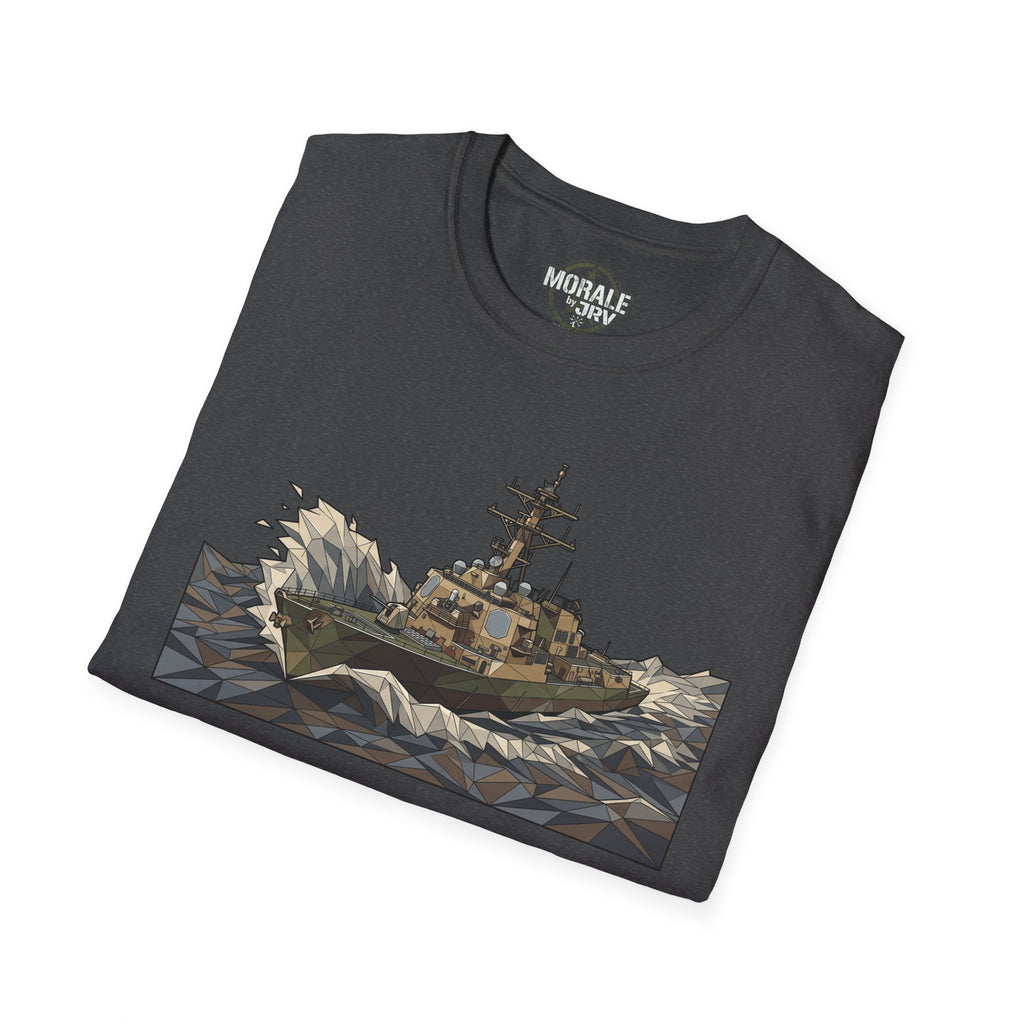 Dark charcoal T-shirt with Coast Guard cutter ship graphic in geometric style