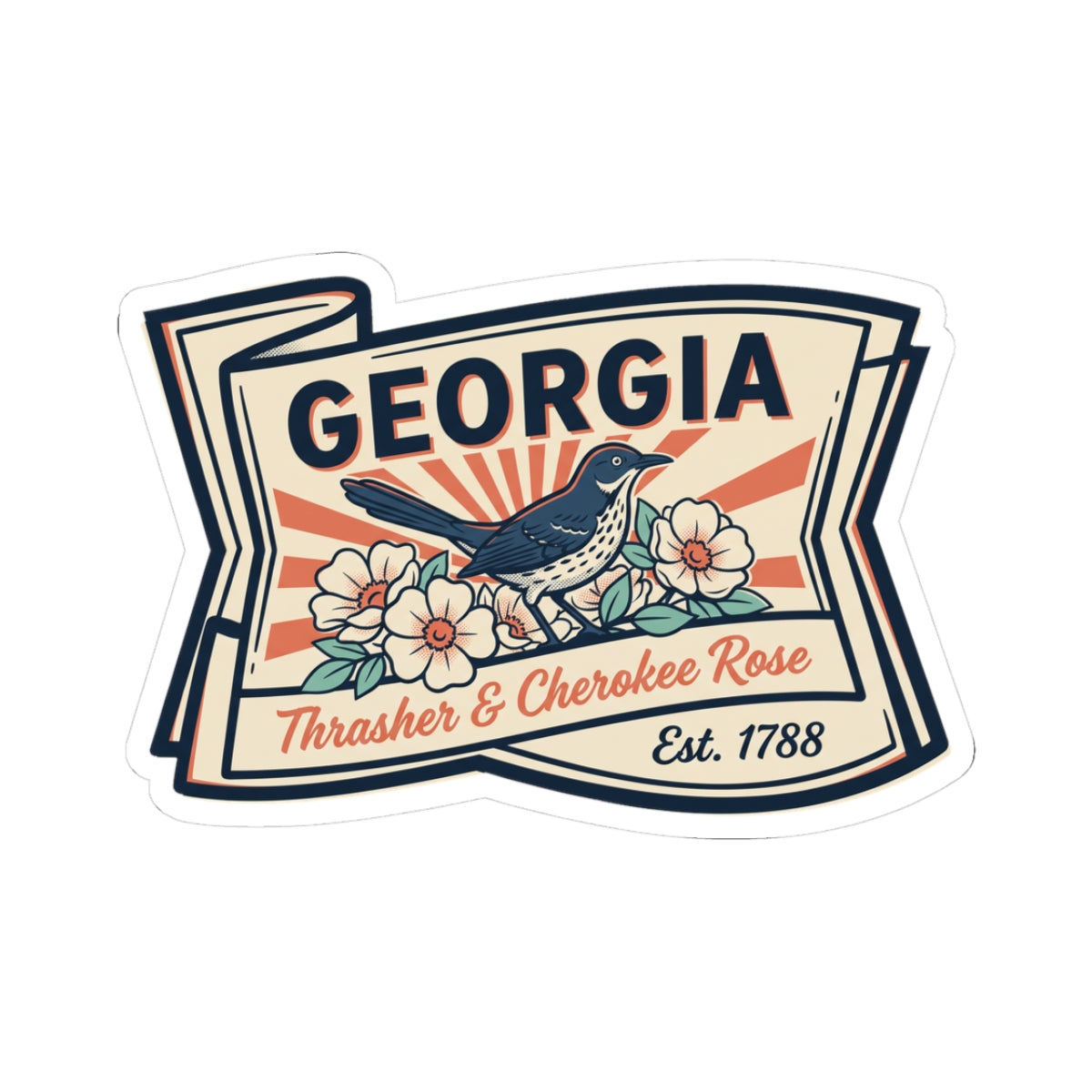 Georgia state badge sticker with blue bird, flowers, GEORGIA text and Est. 1788