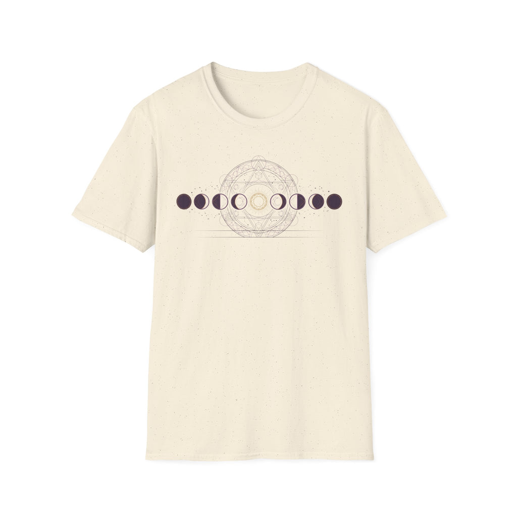 Moon phases graphic T-shirt, off-white with purple circle-and-arc design on front