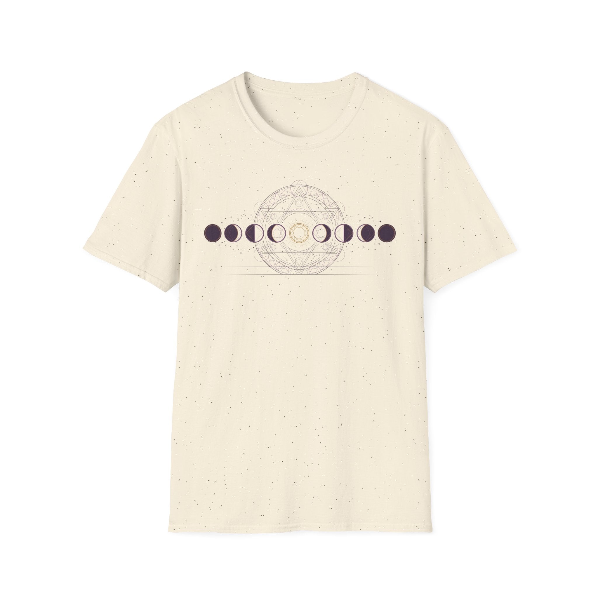 Moon phases graphic T-shirt, off-white with purple circle-and-arc design on front