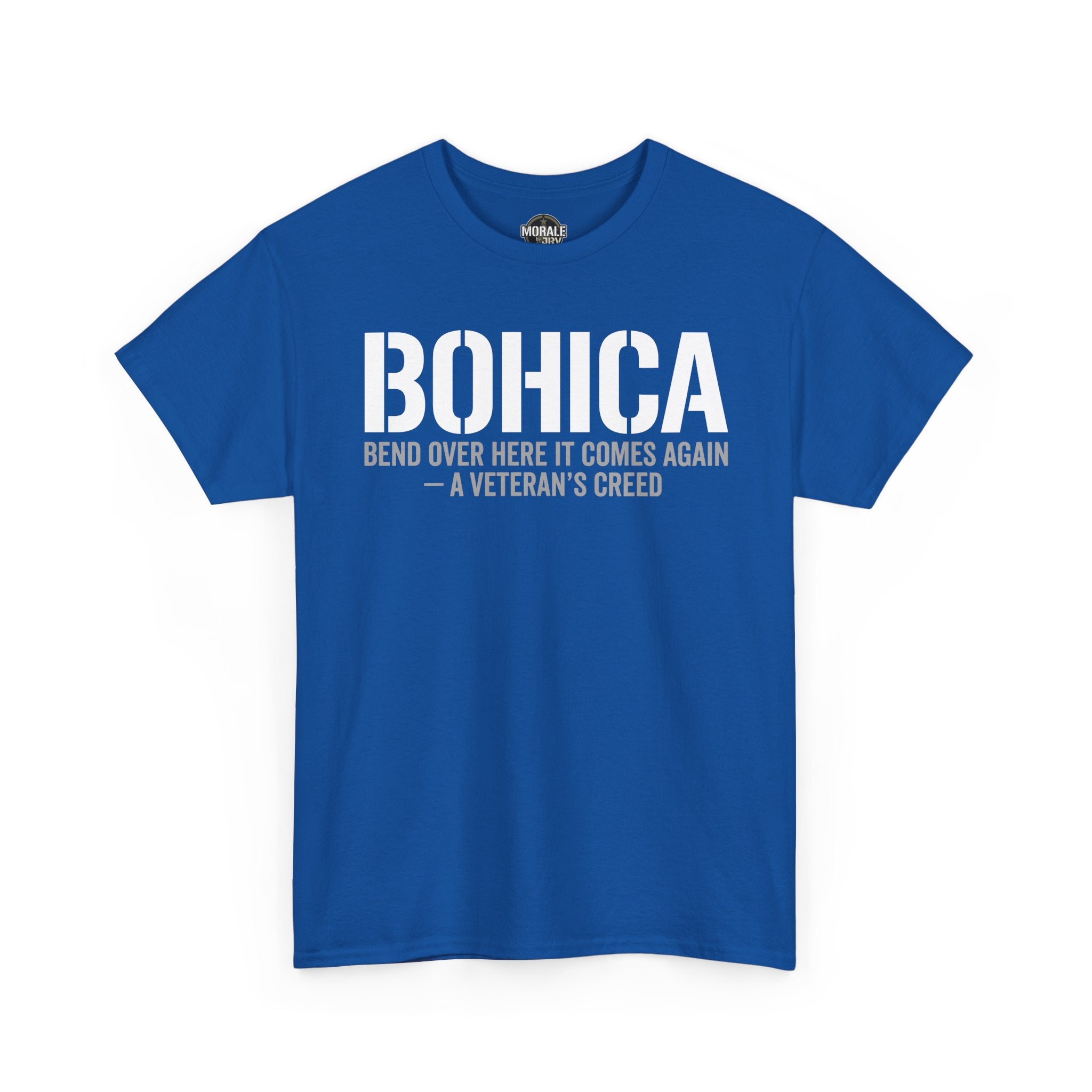 Royal blue BOHICA crew-neck T-shirt with large front slogan graphic print