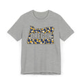 Heather gray t-shirt with Oregon polka dot map graphic in blue and gold on front
