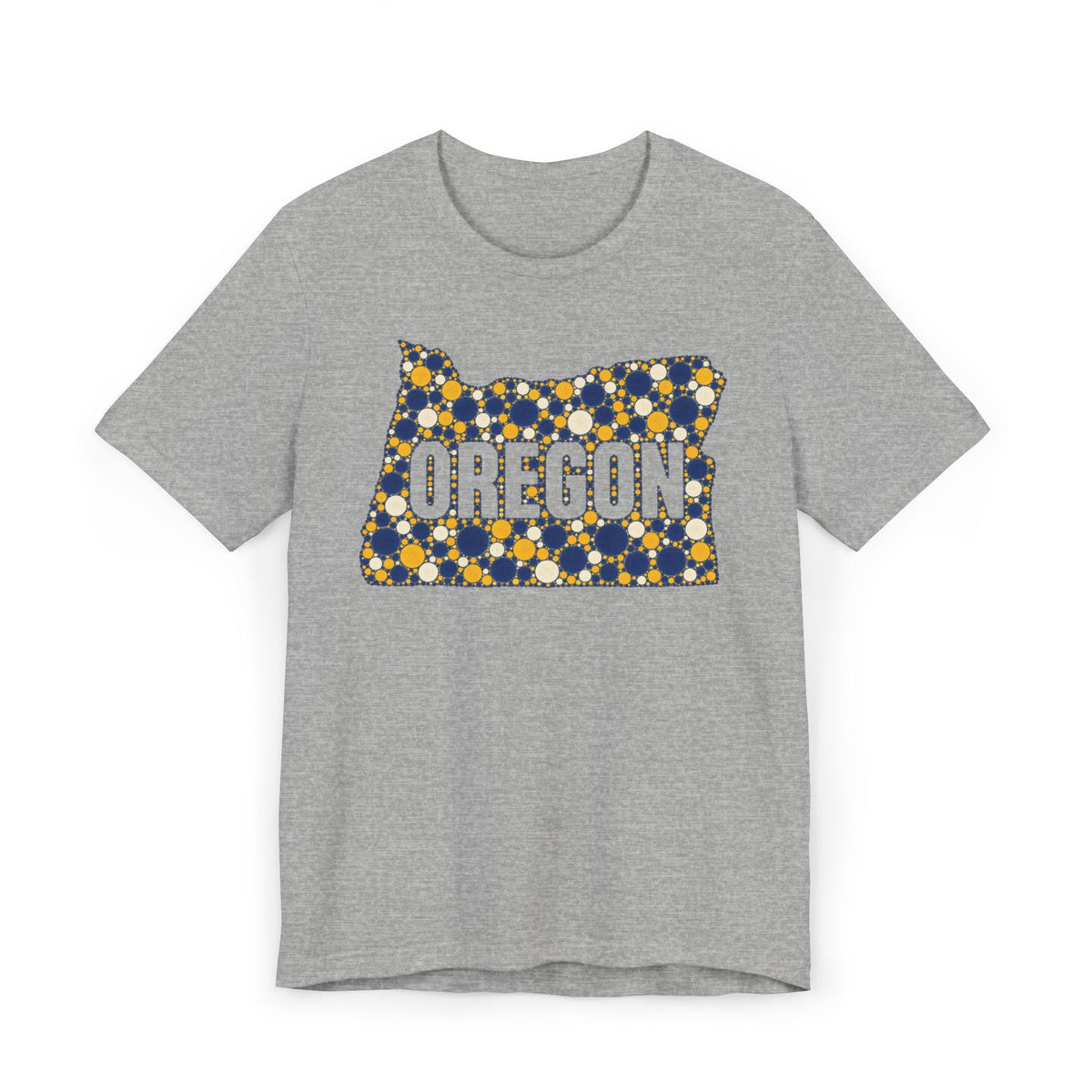Heather gray t-shirt with Oregon polka dot map graphic in blue and gold on front