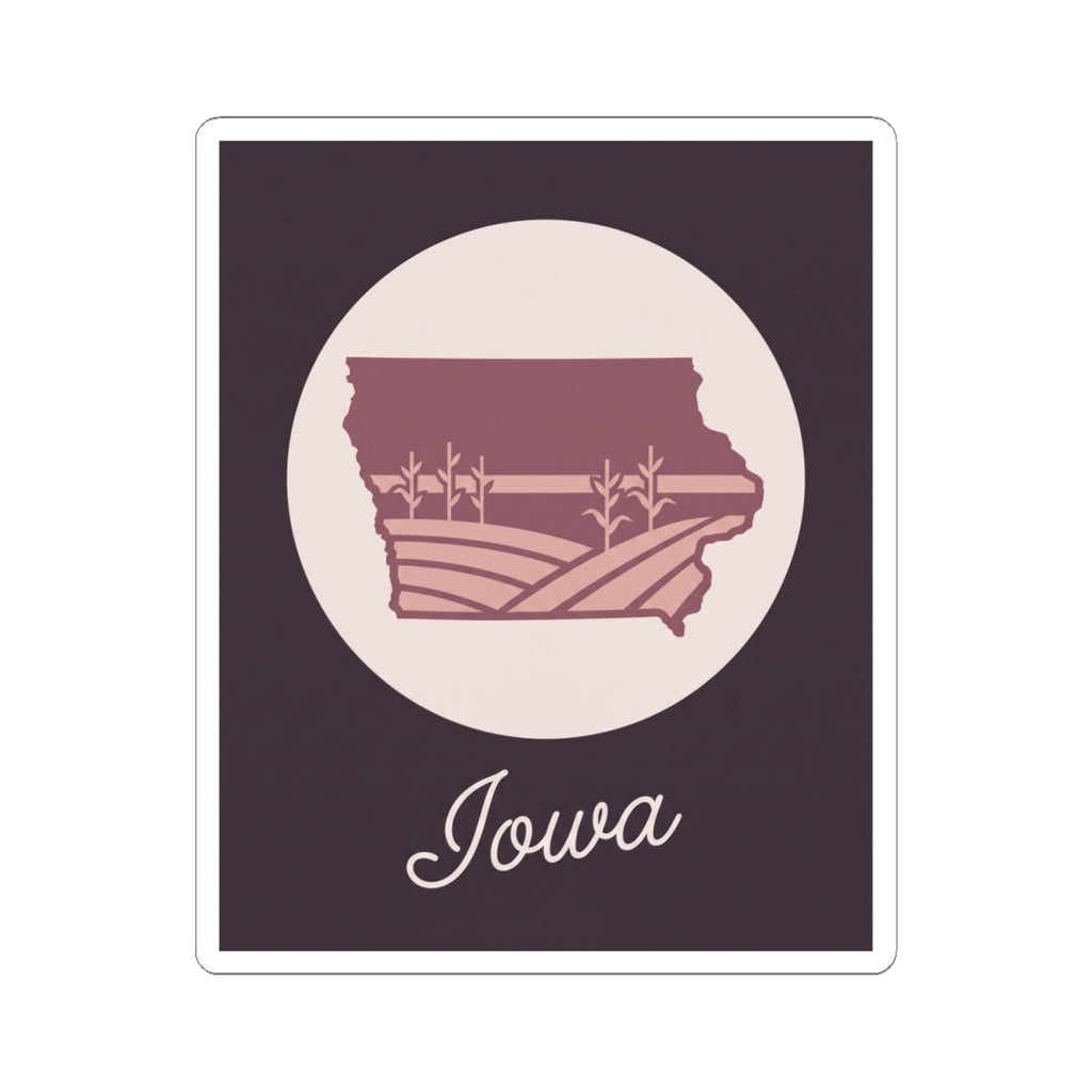 Iowa state silhouette mauve vinyl decal with “Iowa” script, pale circular badge, square white border