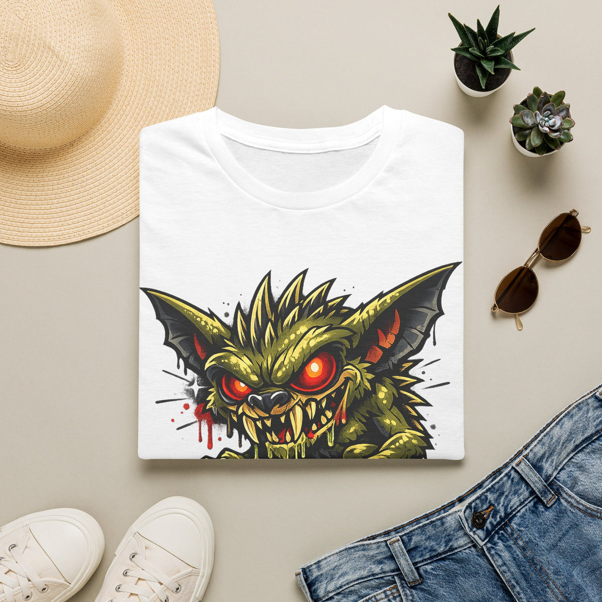 White unisex crewneck T-shirt, snarling skull graphic with red glowing eyes