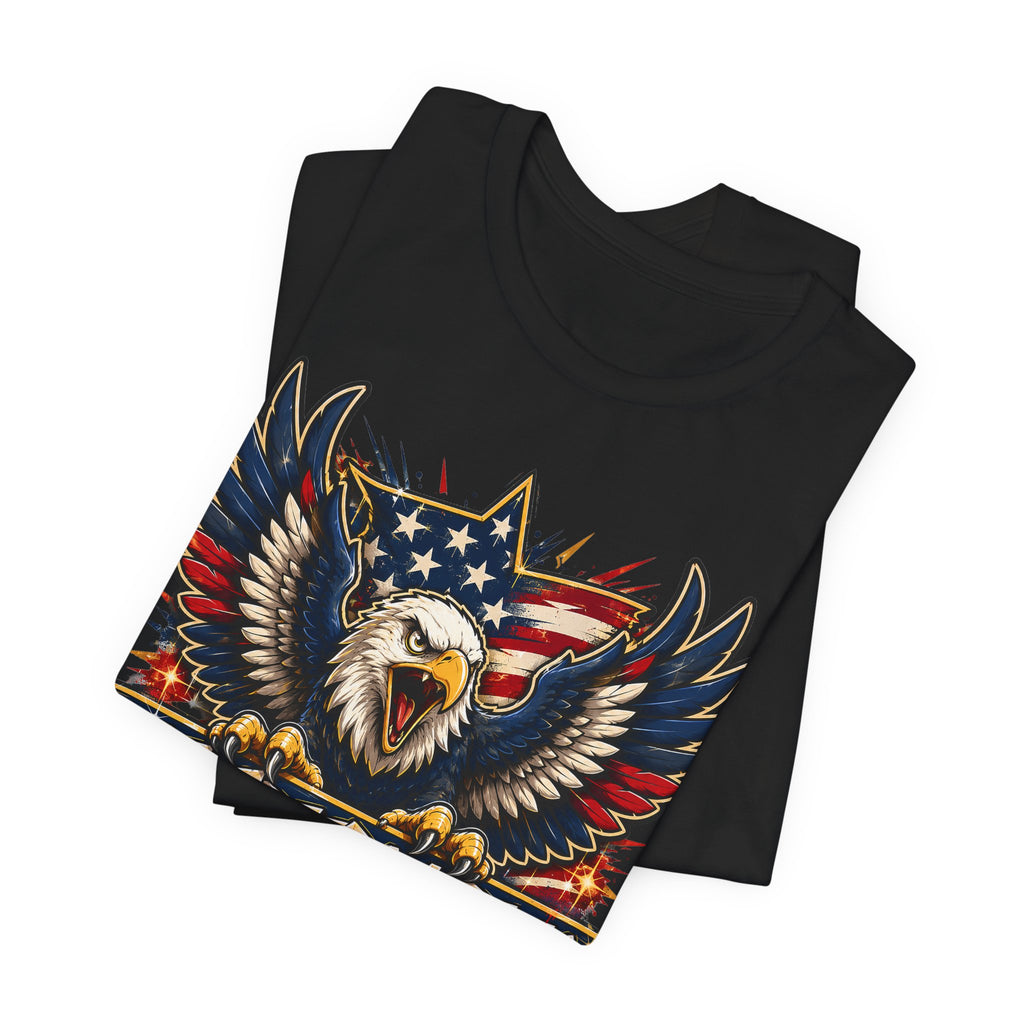 Black graphic T-shirt with bald eagle head and wings on patriotic stars-and-stripes banner