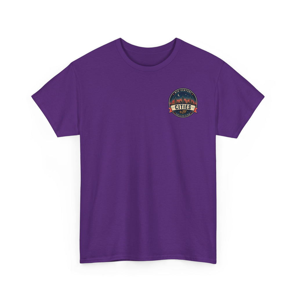 Purple T-shirt with small Cities logo patch on chest