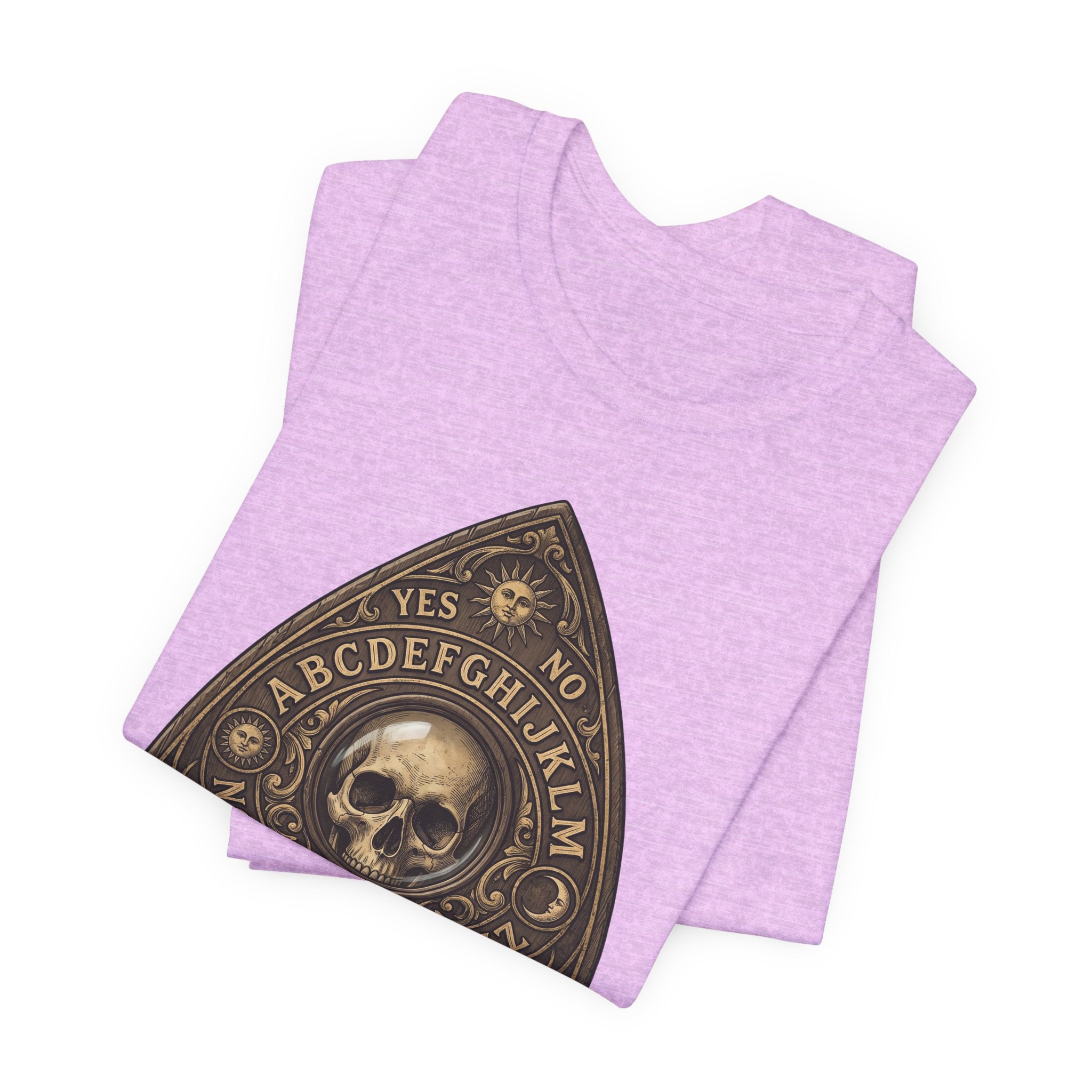 Camiseta lila heather prism con planchette Ouija, calavera y letras A–Z