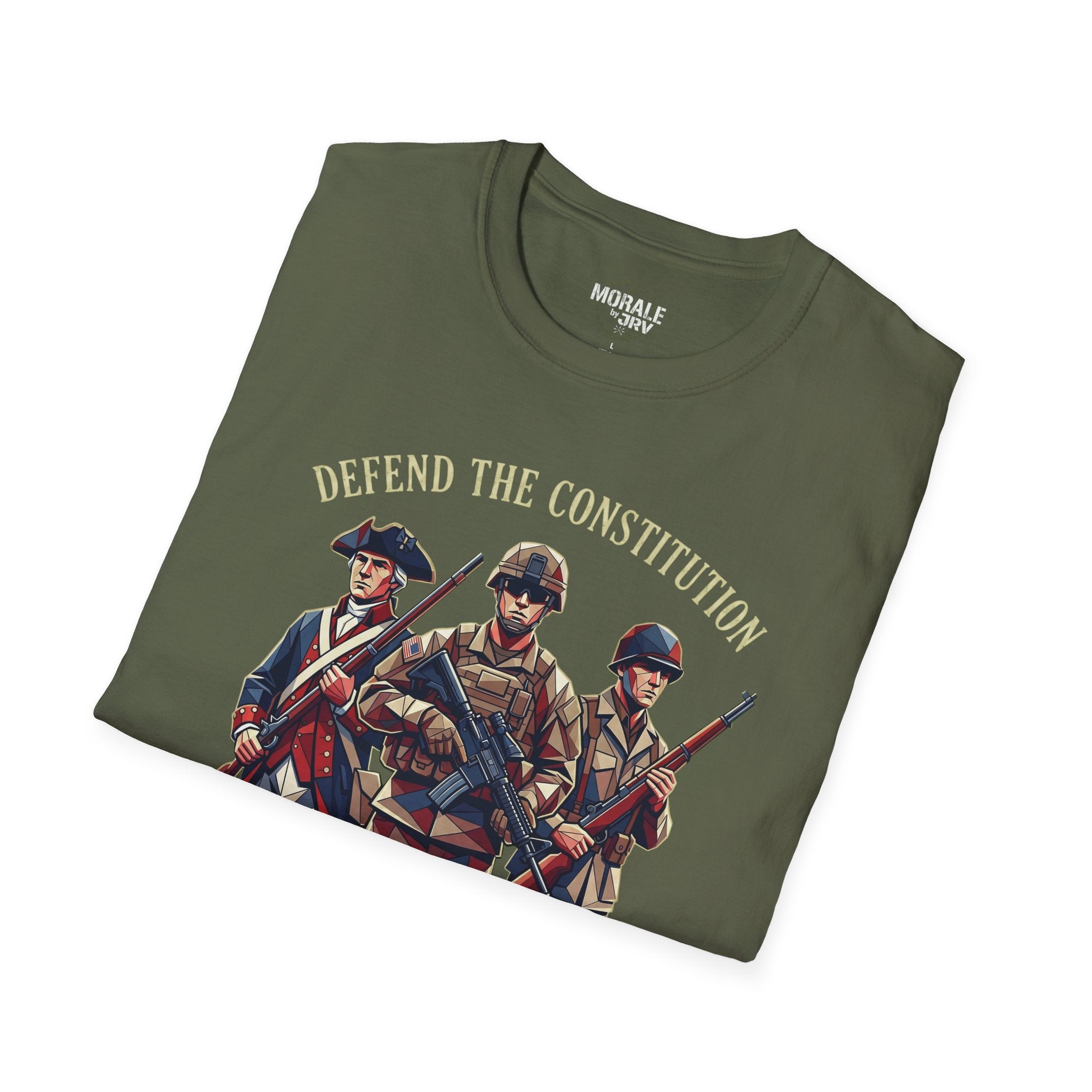 Militia T-shirt, military green; “DEFEND THE CONSTITUTION” text with soldier graphic