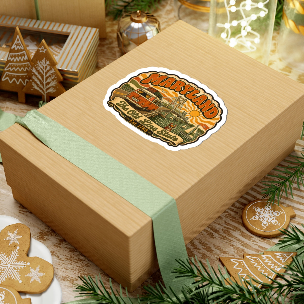 Maryland retro van bridge sticker on gift box ribbon, kiss-cut outline, Est. 1788