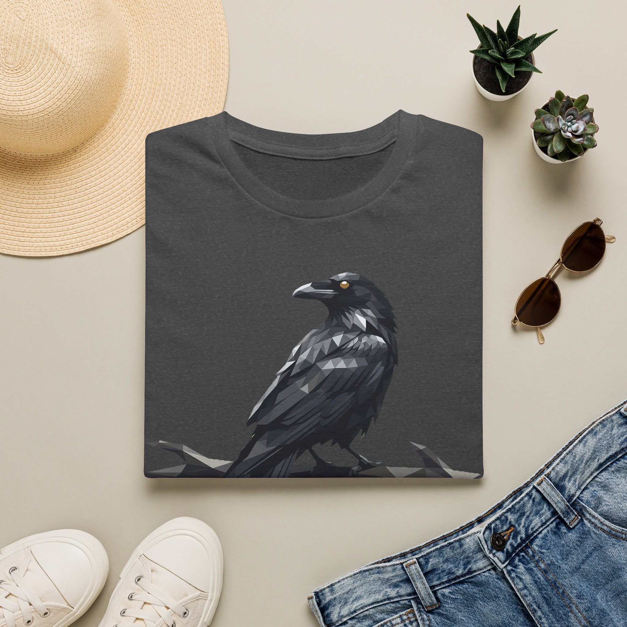 Dark heather gray raven t-shirt with a sitting crow graphic on front