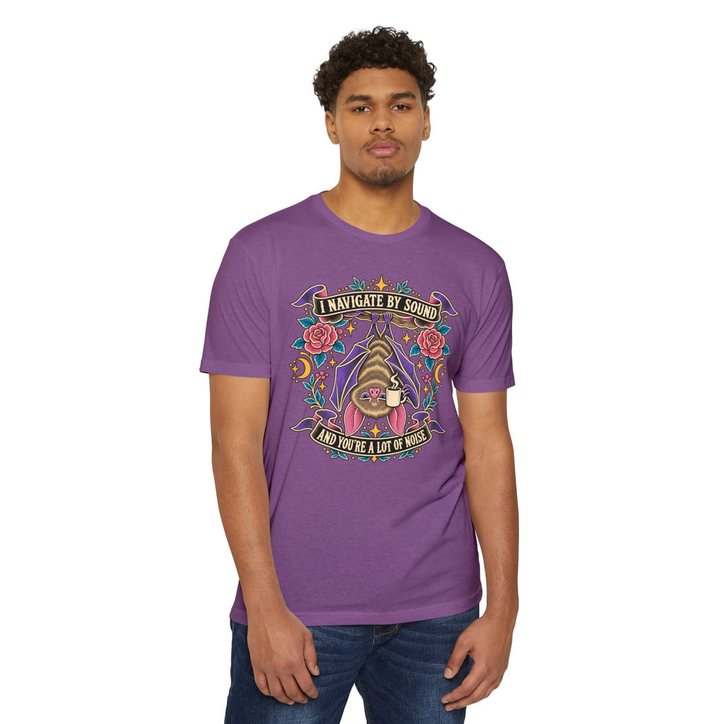Purple graphic bat coffee t-shirt with floral arch and text front print