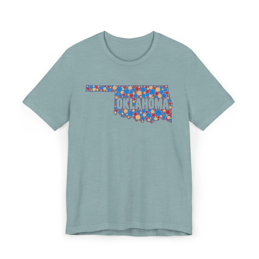 Light blue T-shirt with colorful Oklahoma floral map graphic across chest