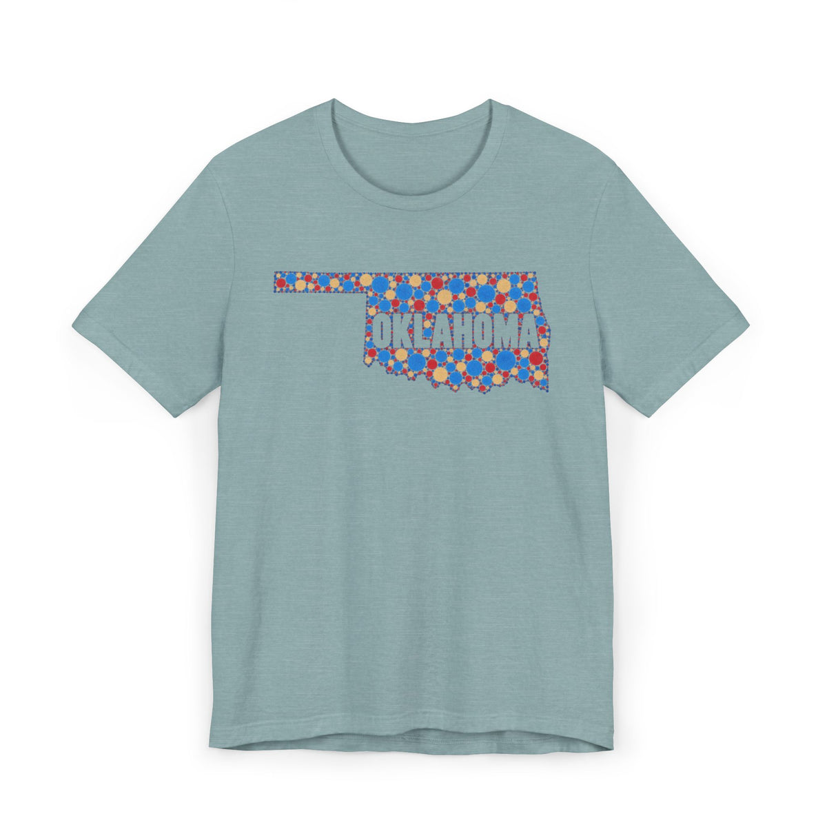 Light blue T-shirt with colorful Oklahoma floral map graphic across chest