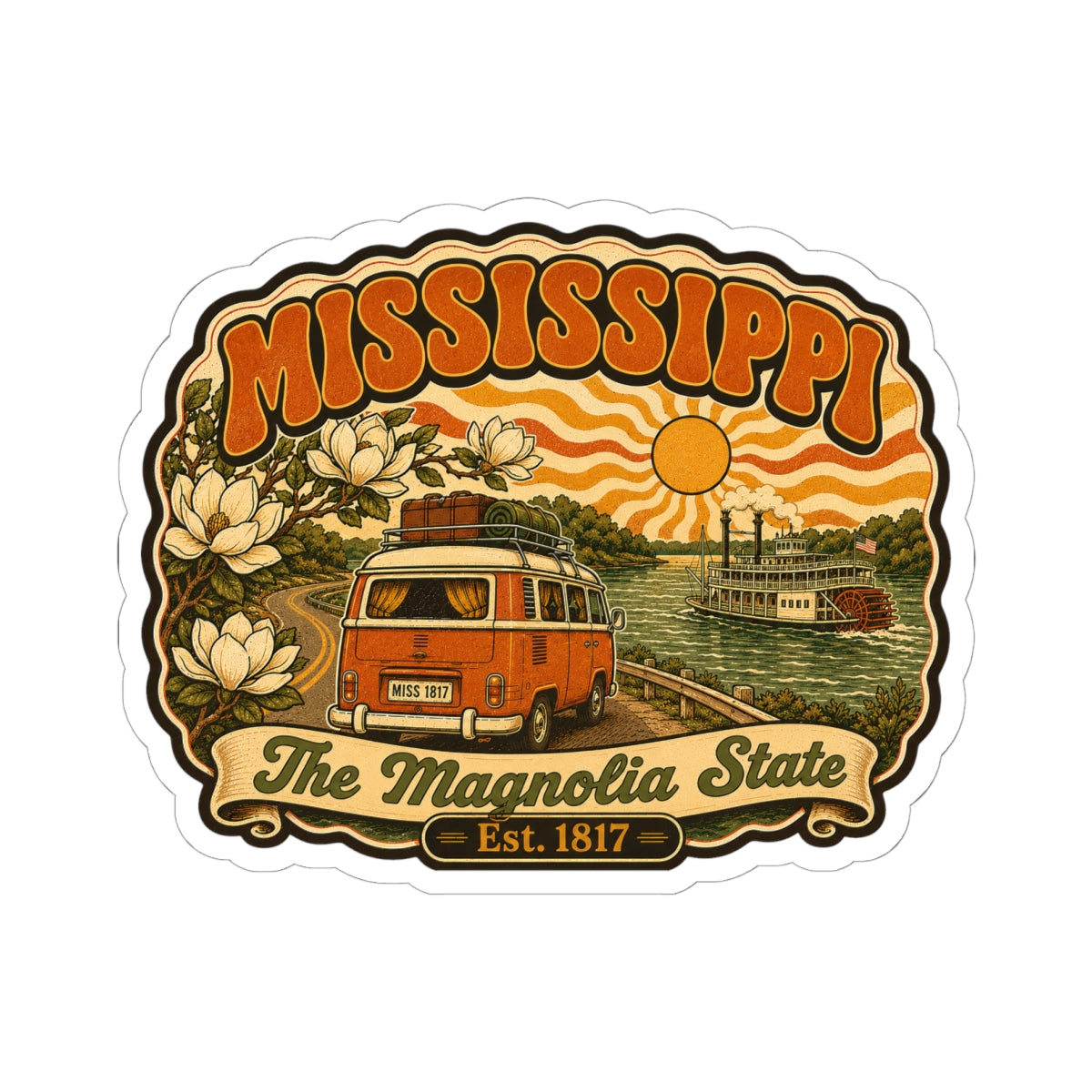 Mississippi retro state sticker with orange van, magnolia flowers, and riverboat scene
