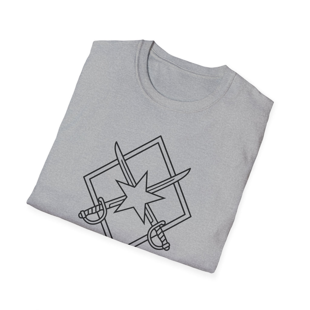 Sport gray T-shirt with crew neck and front graphic of crossed swords and star emblem