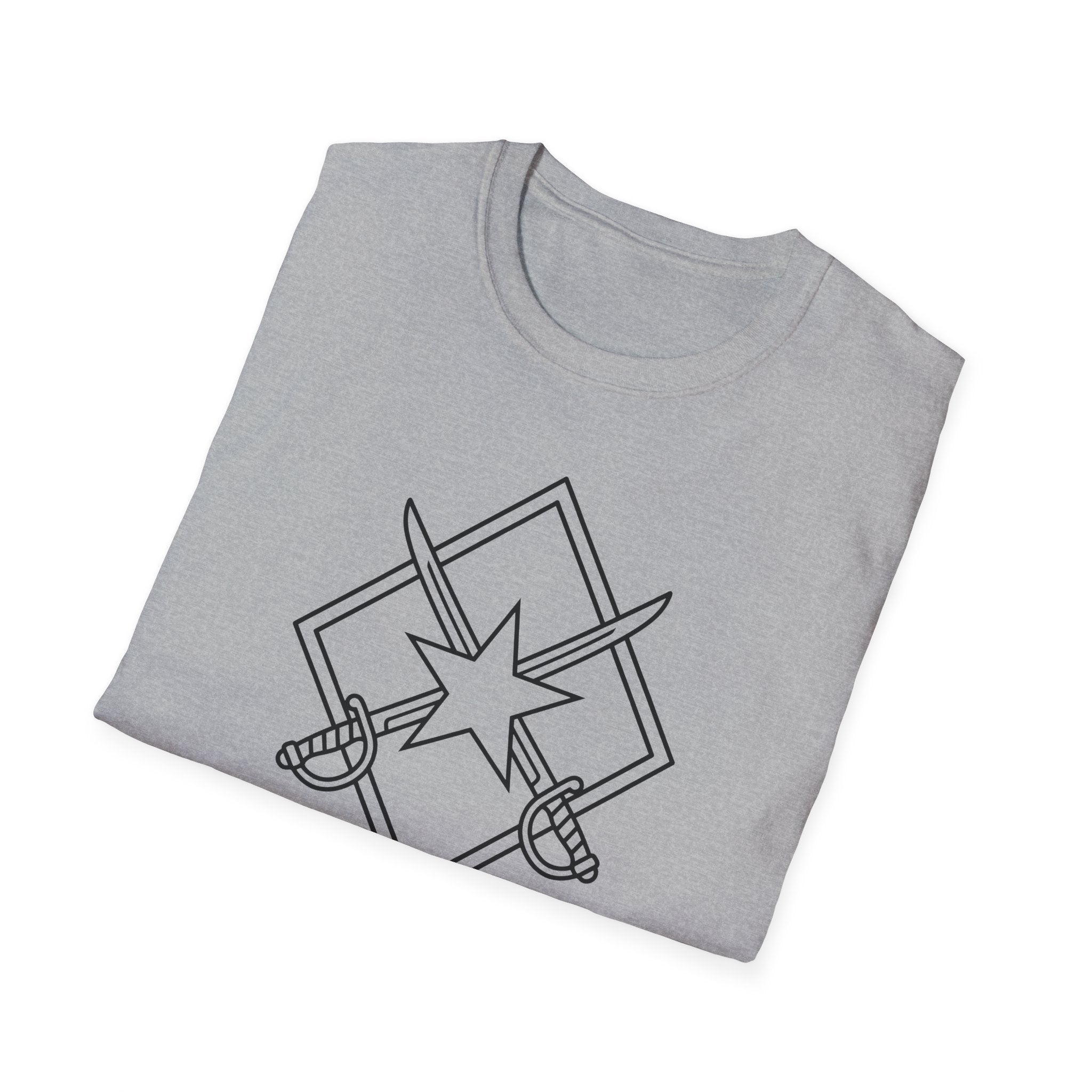 Sport gray T-shirt with crew neck and front graphic of crossed swords and star emblem